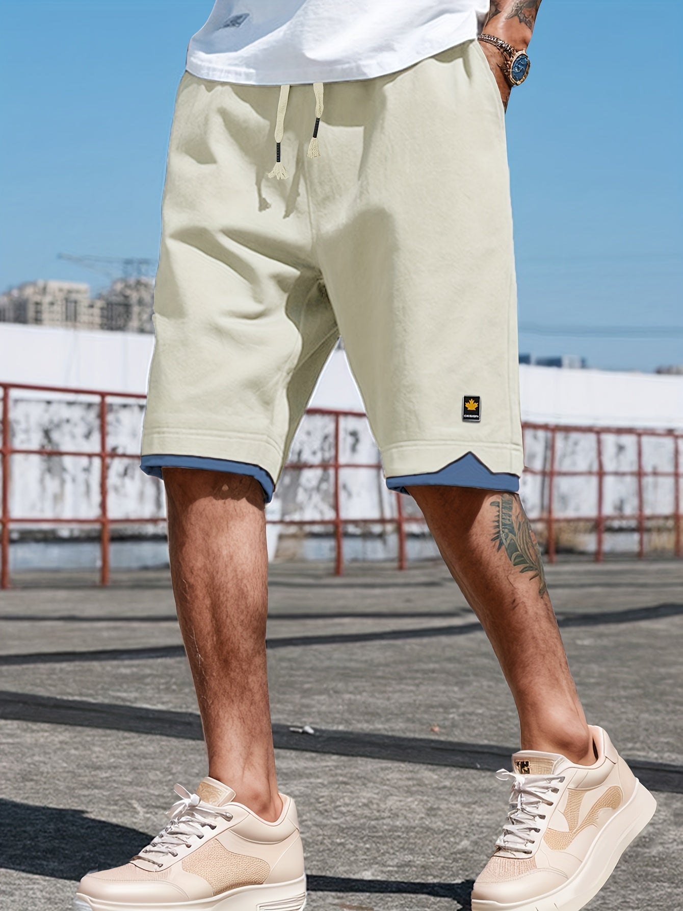 Men's Solid Shorts With Pockets, Casual Elastic Waist Fake Two-piece Drawstring Shorts For Summer