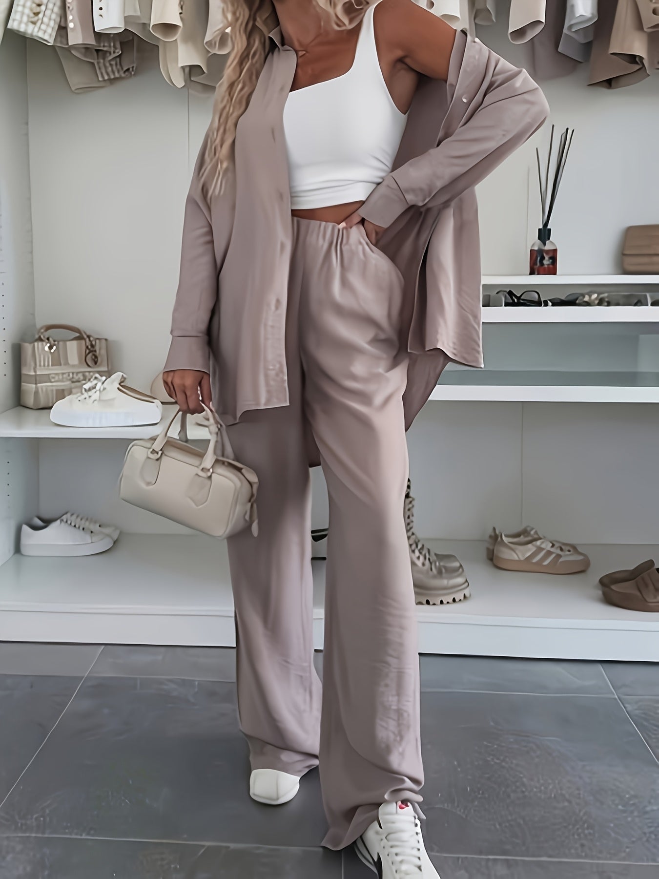 Women's Loose Shirt & Wide-Leg Pants Set - Elegant Polyester