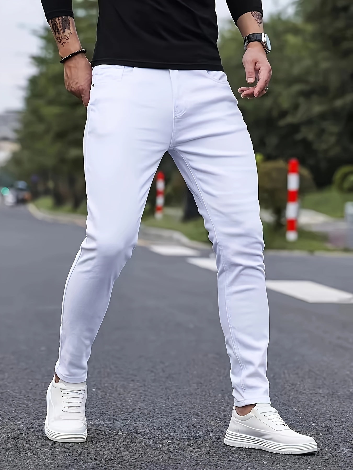 Men'S Skinny Fit Denim Jeans, Casual Mid Waist White Pants, Solid Color Stretch Cotton Blend, with Belt Detail, for All-Season Zipper Fly Trousers