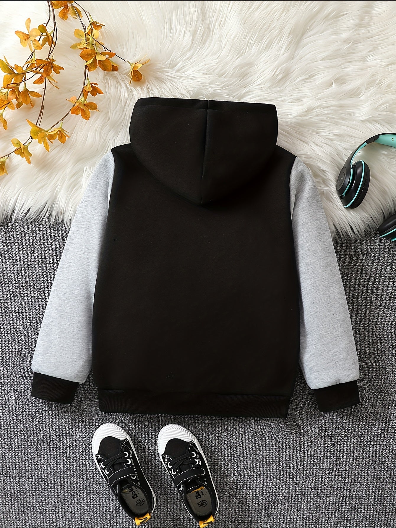 1pc Boys Stylish Color Block Fleece Lining Hooded Jacket, Long Sleeve Zip Up Jacket, Kids Clothes Outdoor