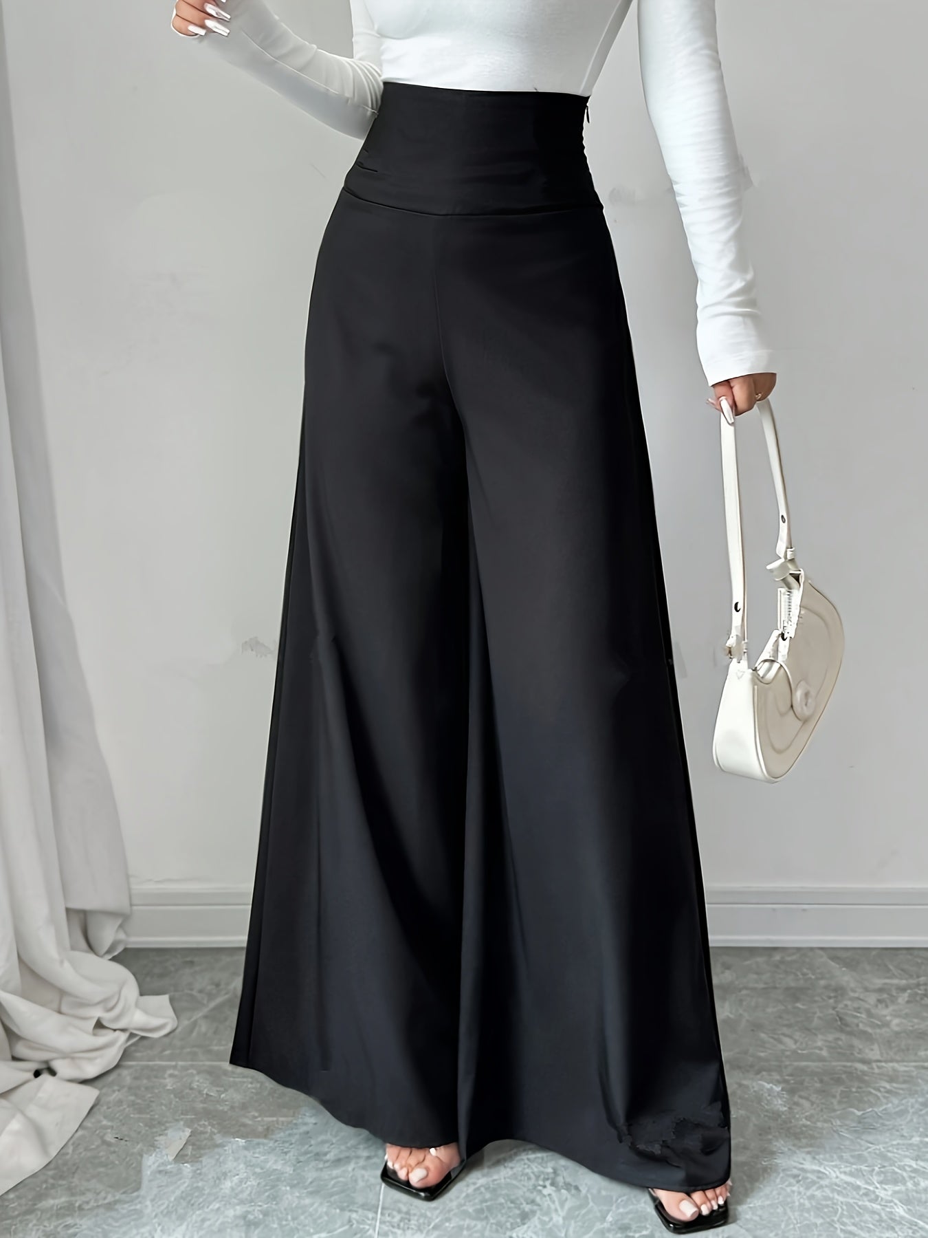 1pc Elegant High-Waisted Black Wide Leg Pants for Women, Solid Color Polyester, Regular Fit with Zipper Fly, All-Season Long Length Trousers with Zipper Detail