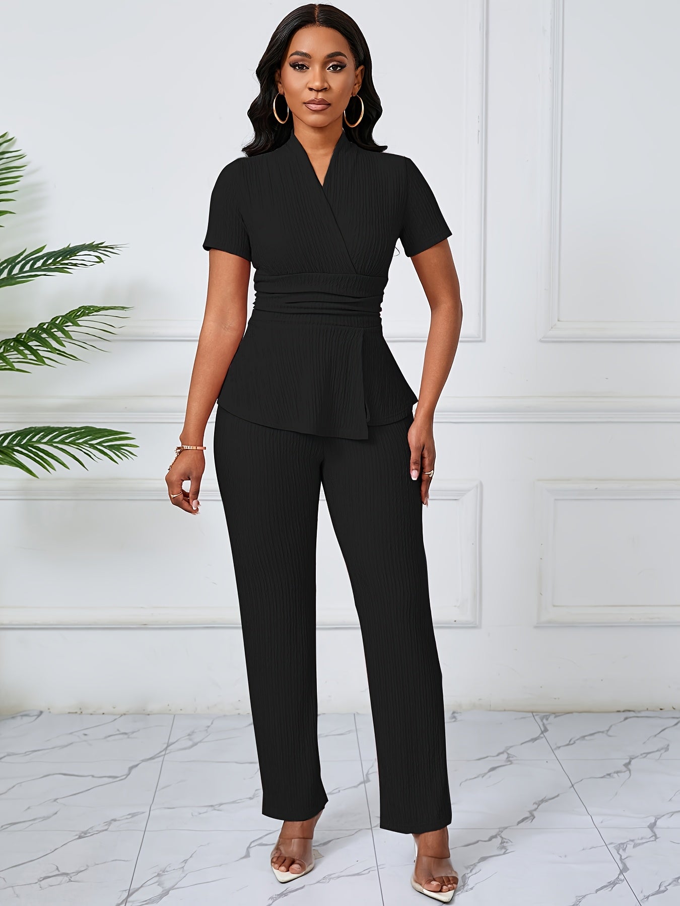 Ready-To-Wear Women'S Elegant Casual Solid Color Textured Pants Set
