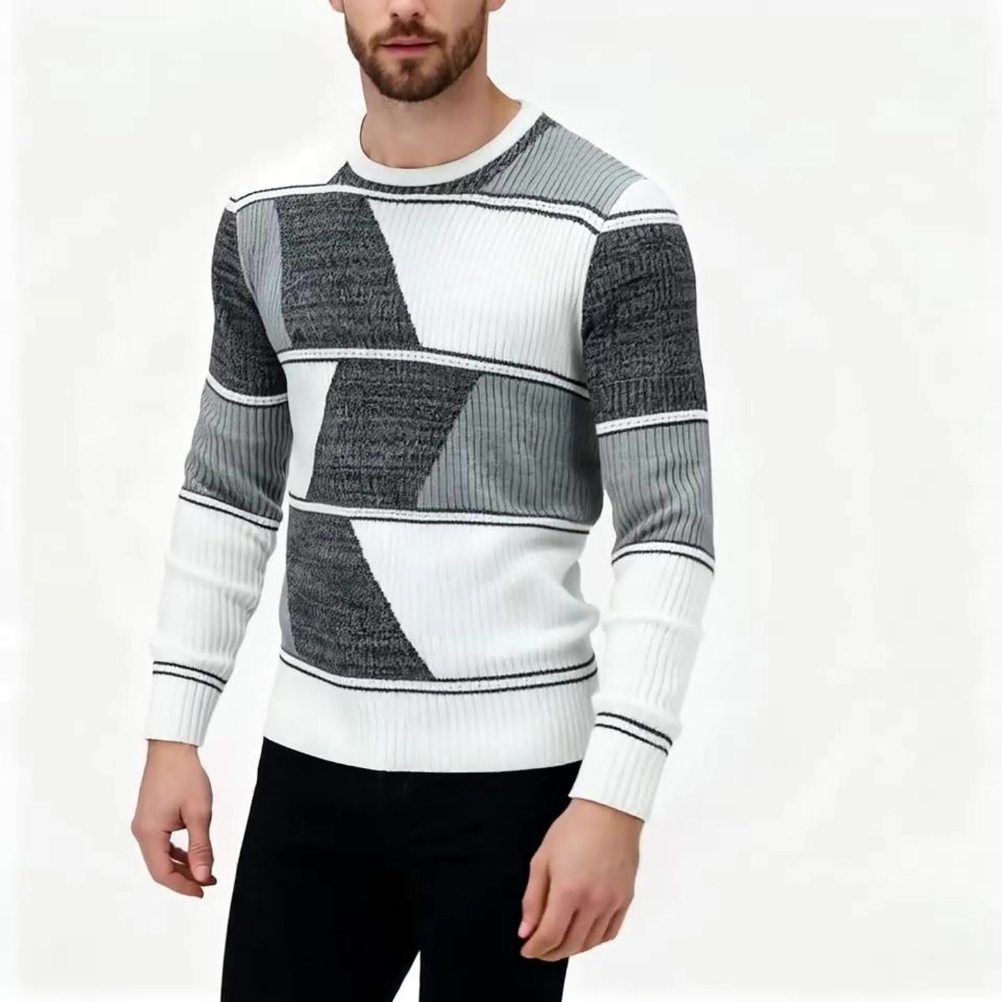 Men'S Casual Long Sleeve Crew Neck Sweater - Geometric Stripe Pullover with, Stripes, Medium Stretch Knit Sweater for Fall/Winter