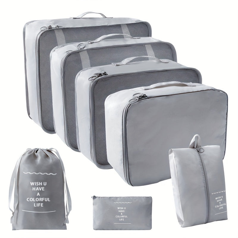 7pcs Pink Travel Organizer Set - Durable Polyester Packing Cubes with Inspirational Quotes, Includes Clothes, Underwear, Shoe, Cosmetic & Toiletry Bags for Efficient & Stylish Storage