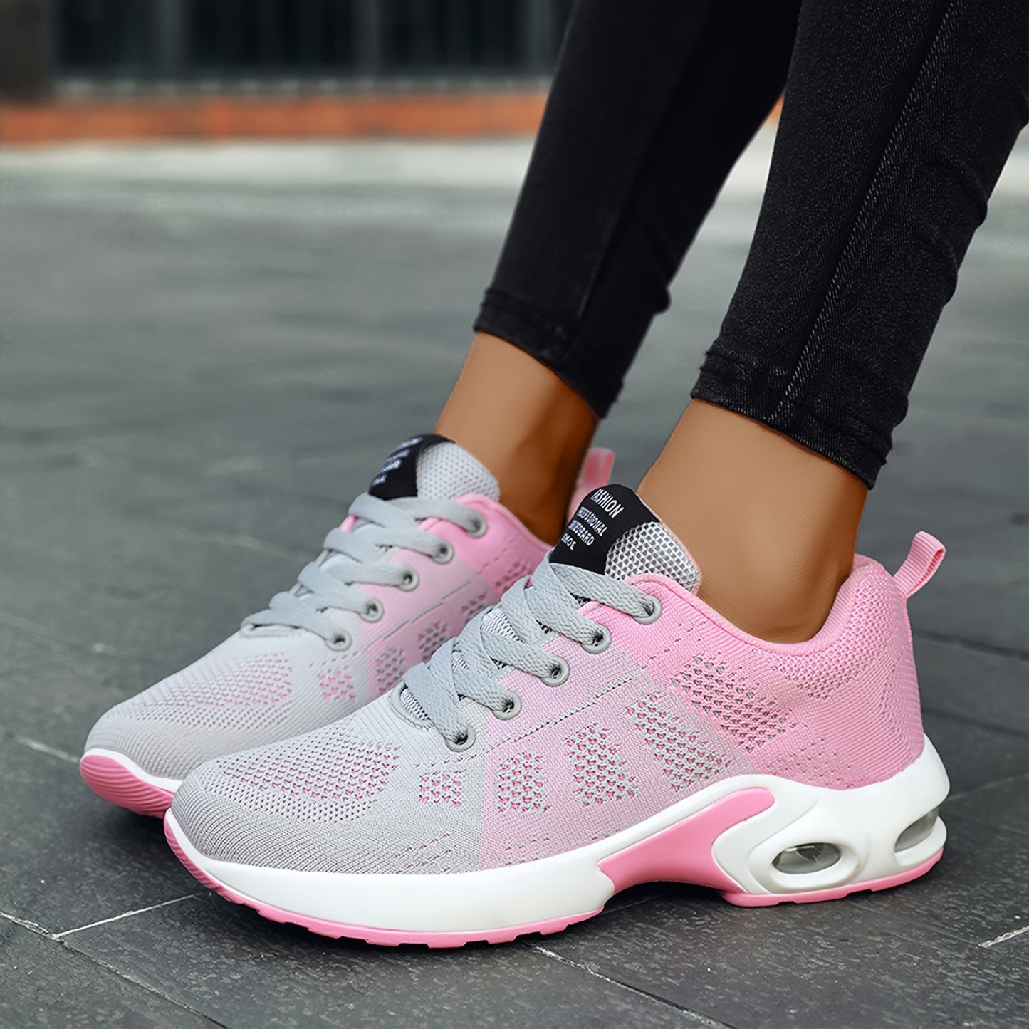 Women's Breathable Knit Running Shoes with Air Cushion - Lightweight Casual Sneakers, Black Mesh Upper, Comfortable Low-Top Design for All-Day Wear