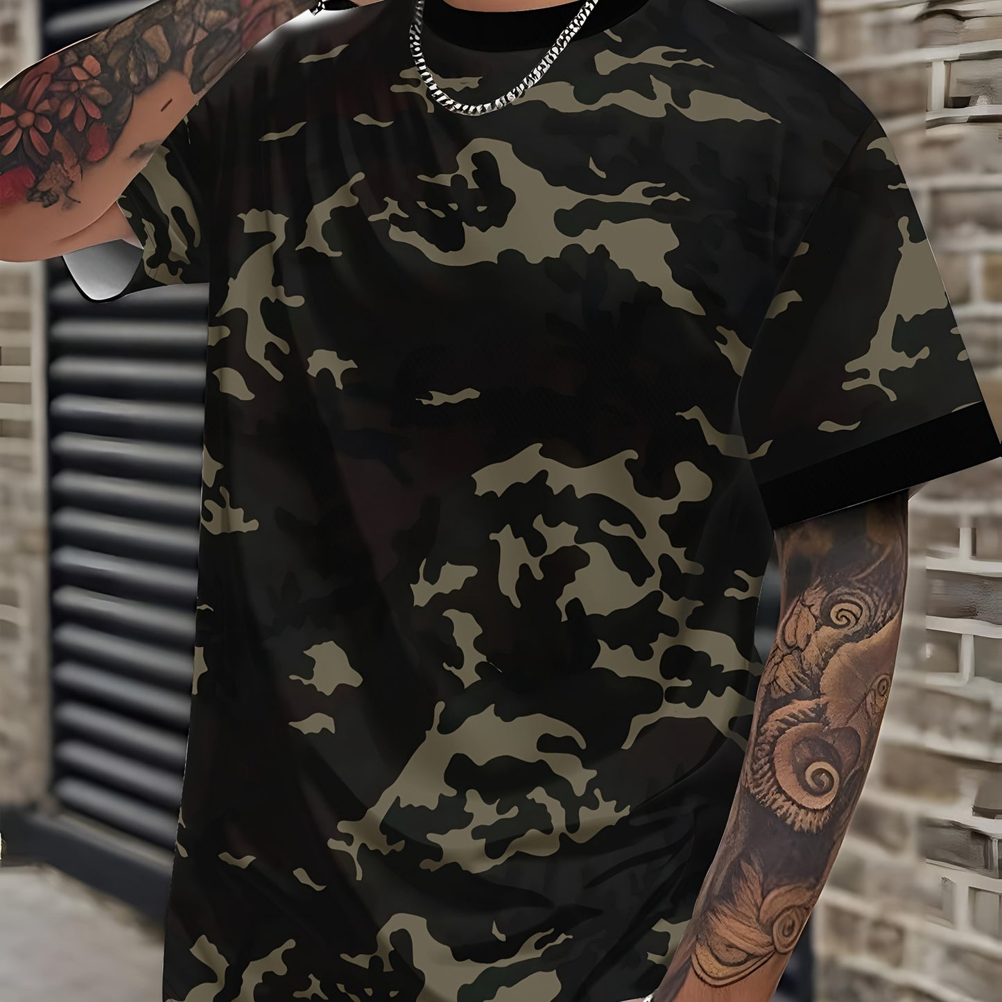 Men'S Camo Print T-Shirt - Short Sleeve, Regular Fit, Casual Style with Skull Floral Design, Black with Brown/Beige Camouflage Pattern, Perfect for Casual Attire, Everyday Tshirt Camo Print Tee Stretchable Fabric