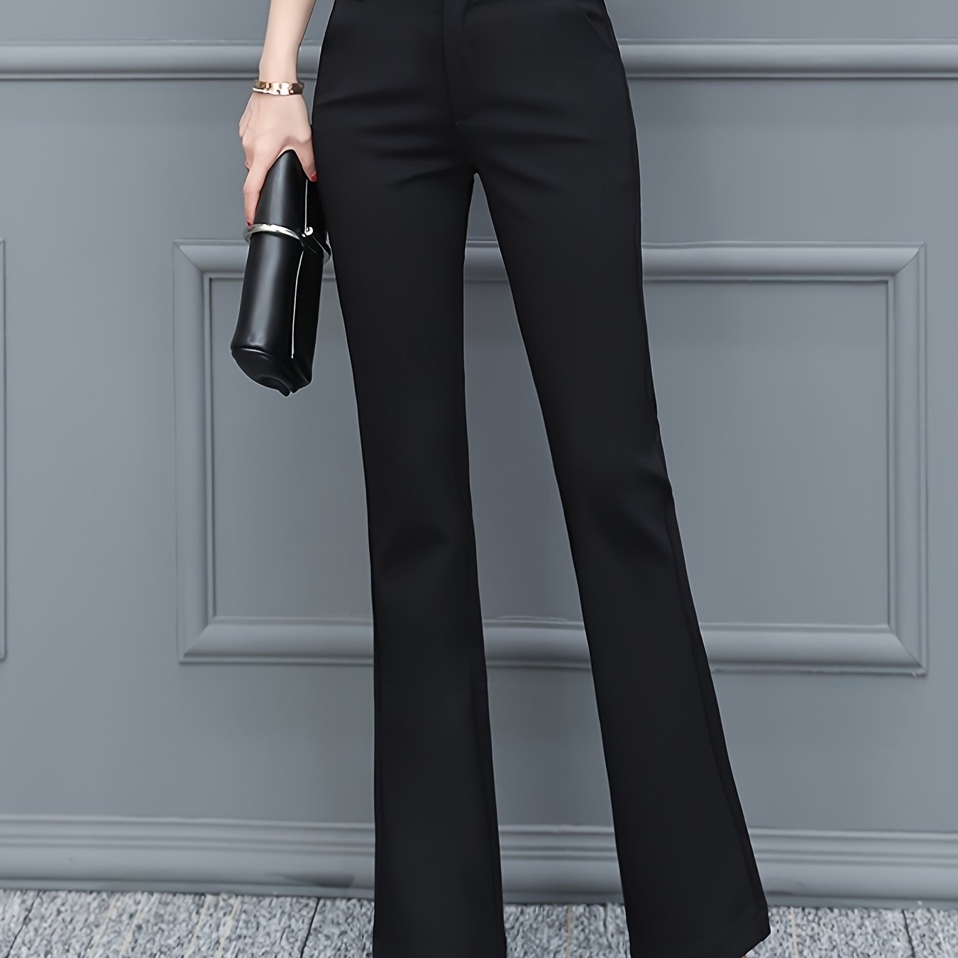 Women's Elegant Black Tailored Pants - High Waist, Straight Leg, Nylon Blend, Perfect for Spring & Fall, Zip Closure, Casual to Semi-Formal Wear, Casual to Formal Wear|Highwaist Trousers|Smooth Texture