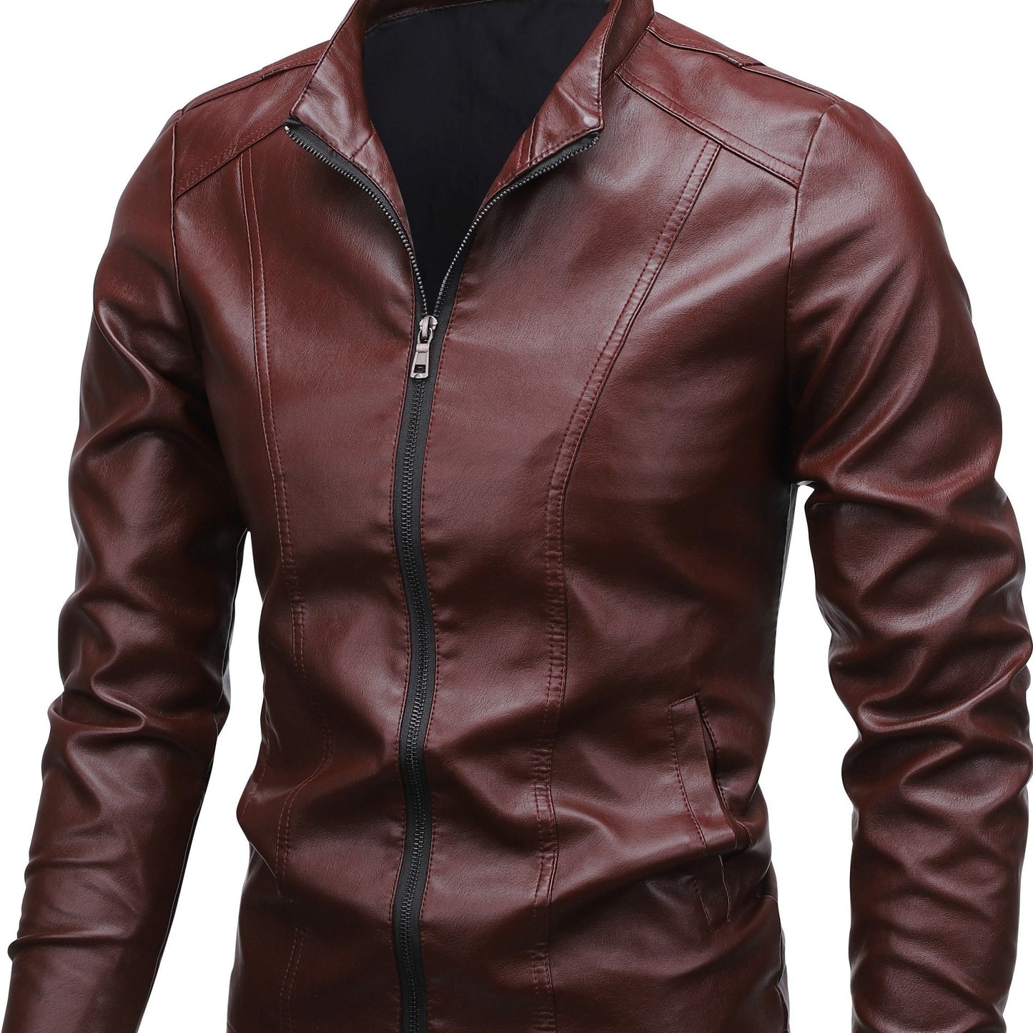 Men'S Casual Jacket - Stand Collar Zip-Up Long Sleeve - 100% Polyurethane, Solid Color, Non-Stretch Woven Fabric, Regular Fit with Functional Pockets for Daily Wear
