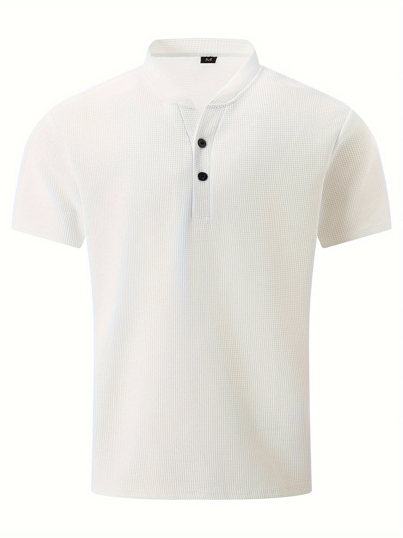 Men's Solid Waffle Stand Collar Short Sleeve Golf Shirts, Casual Style Slight Stretch Regular Fit Summer Tops, Summer Golf Shirts