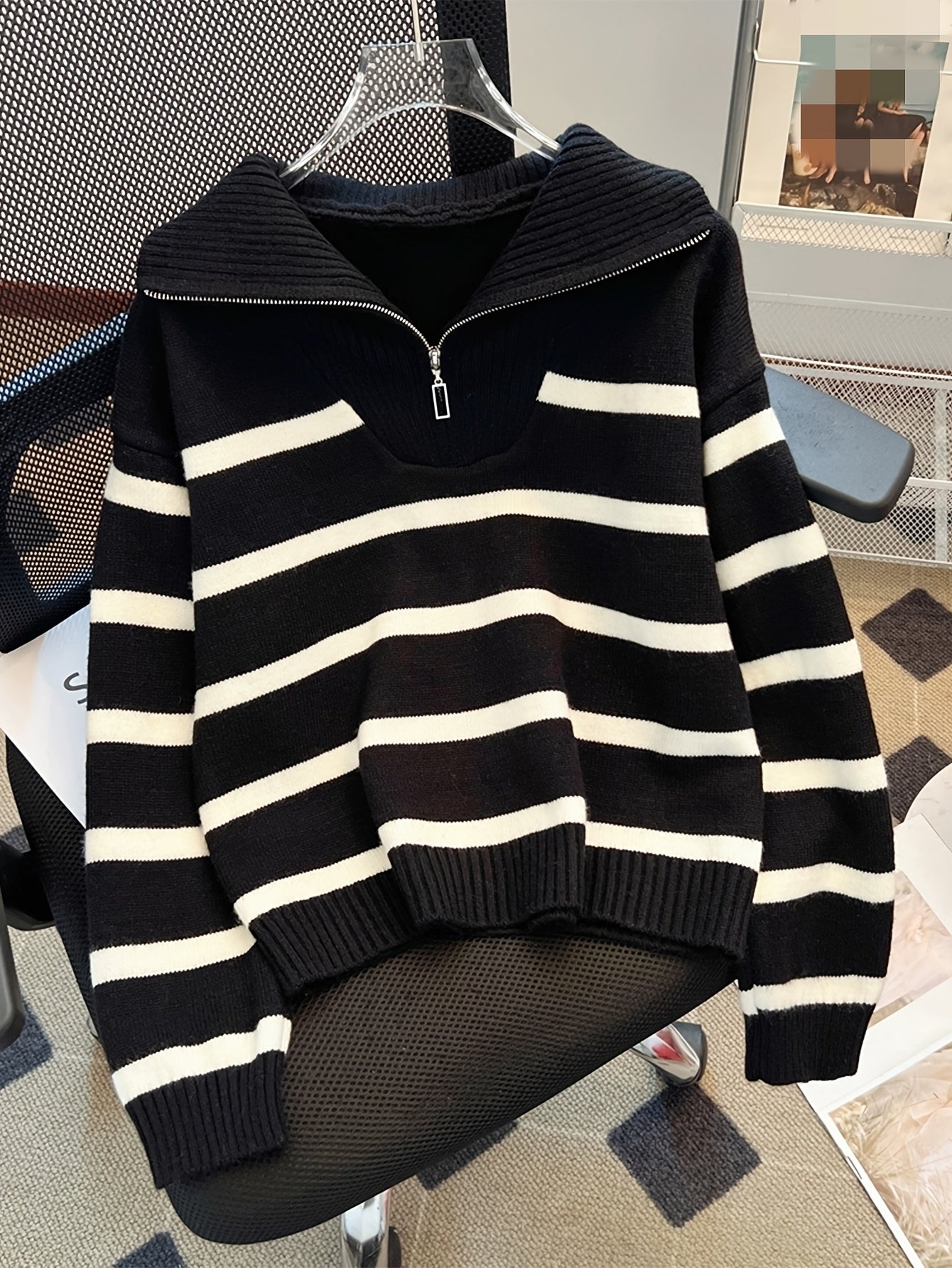 Elegant Striped Zip-Up Knit Sweater - Cozy Acrylic & Polyester Blend, Perfect for Fall/Winter, Cozy Sweater
