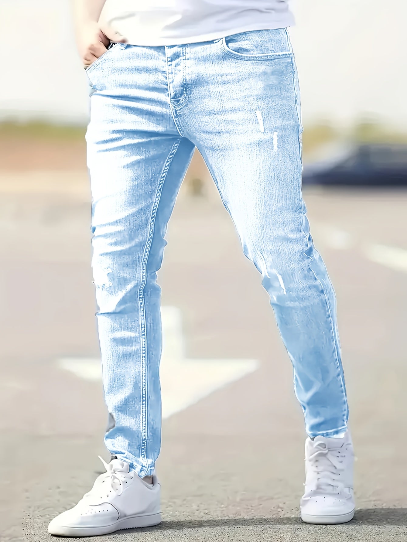 Men's Slim Fit Stretch Jeans - High Waist, Solid Color Casual Denim Pants with Ripped Detail, Machine Washable