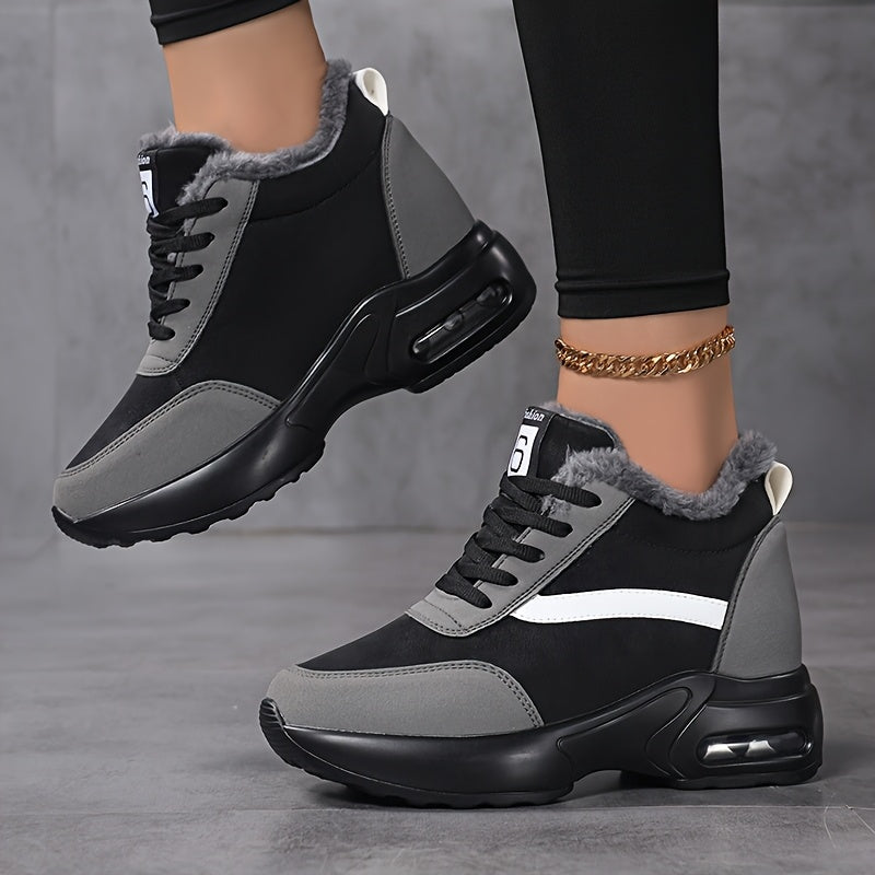 SOSENFER Women'S Winter Sneakers with Plush Lining - Low-Top Lace-Up Casual Shoes, Synthetic Cover Upper & Faux Sole, Machine Washable, Black & White Design for Casual Attire, Ladies Sneakers, Comfortable Footwear, Durable Tr