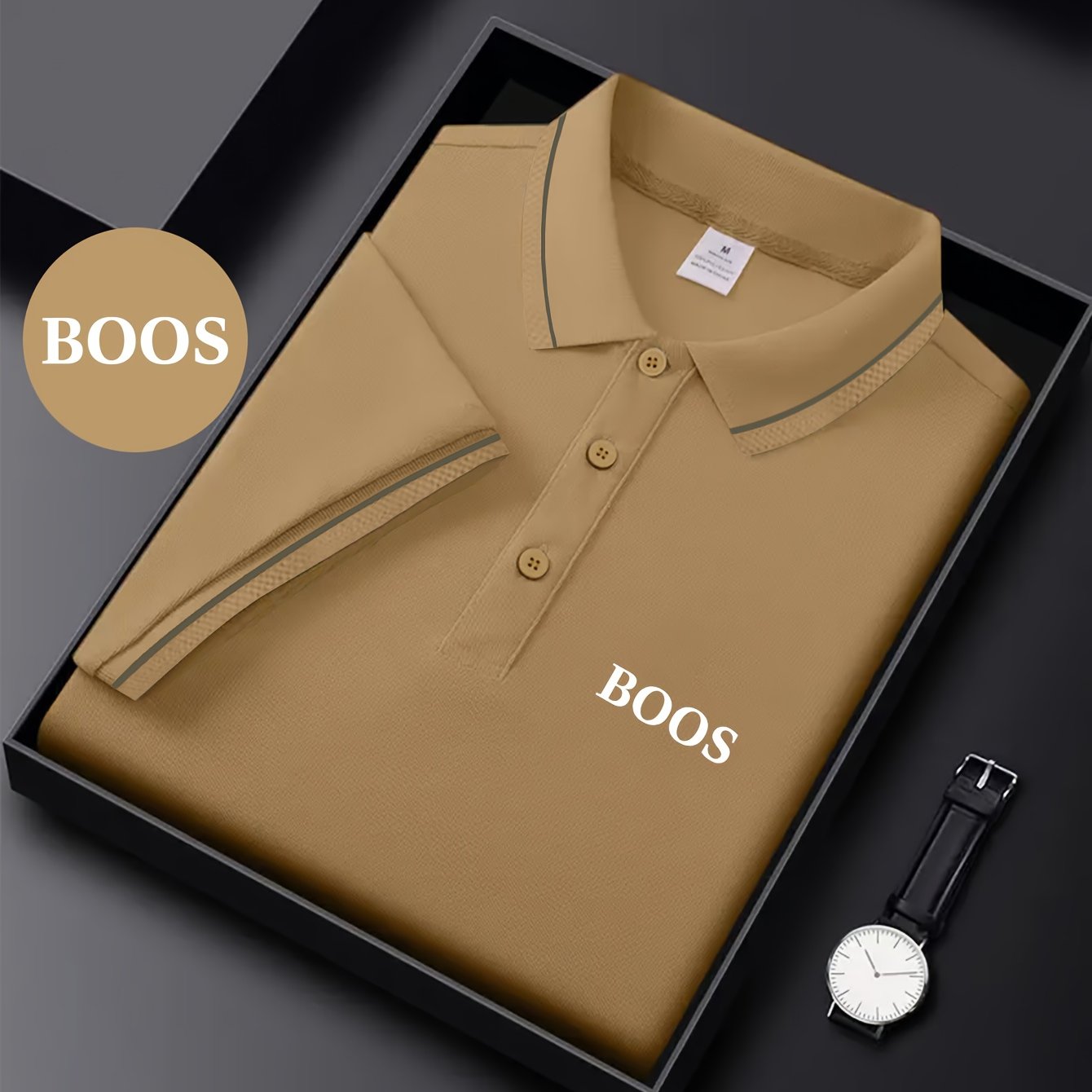 BOOS letter print, 1 premium Men's shirt, polyester fabric, regular fit, turn- collar top, summer short sleeve T-shirt, birthday gift, inner or outer wear, outdoor casual, sportswear, business casual, stylish and breathable, - ayq