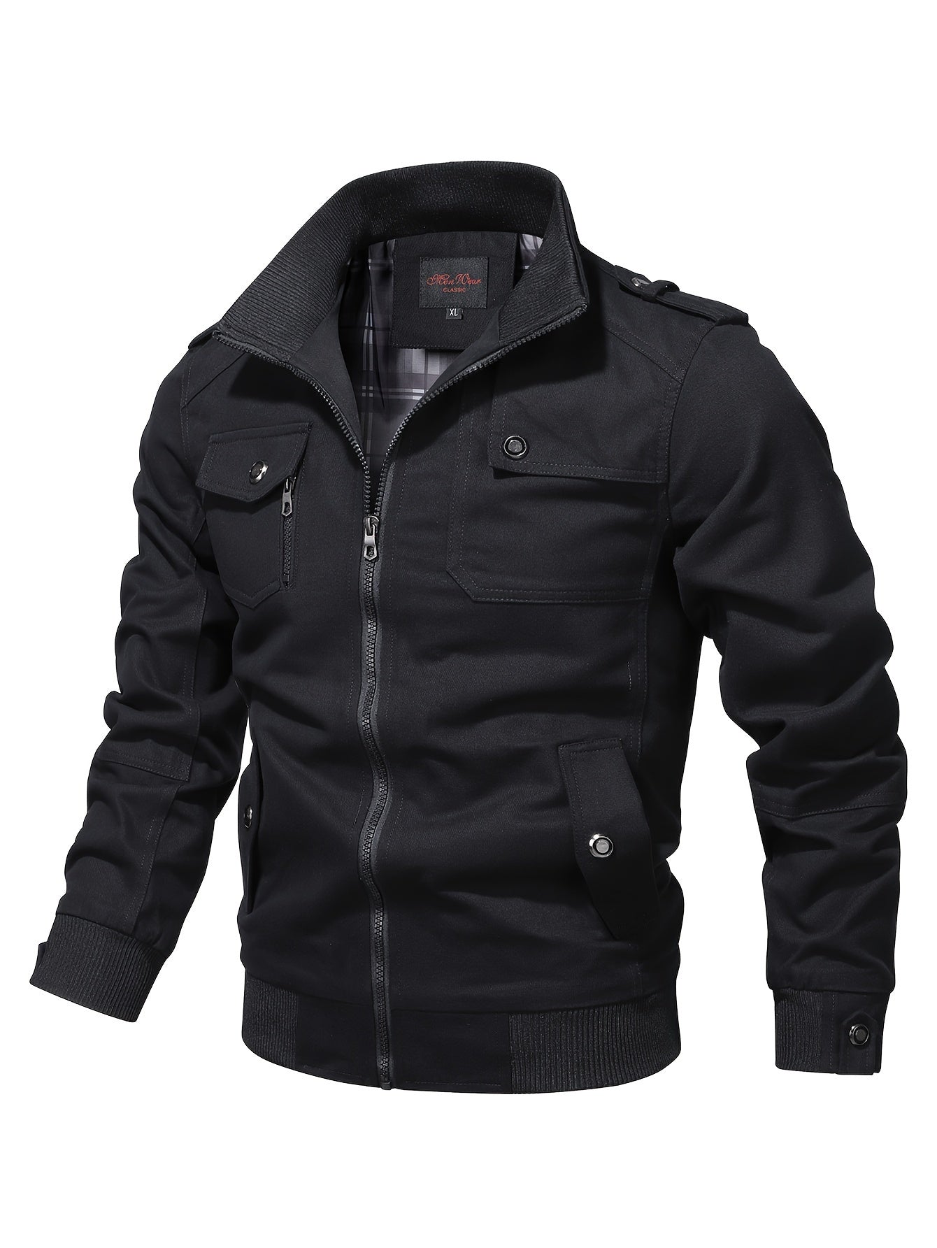 Men's Casual Bomber Jacket, Cotton Stand Collar Windbreaker Jacket With Pockets For Fall Winter