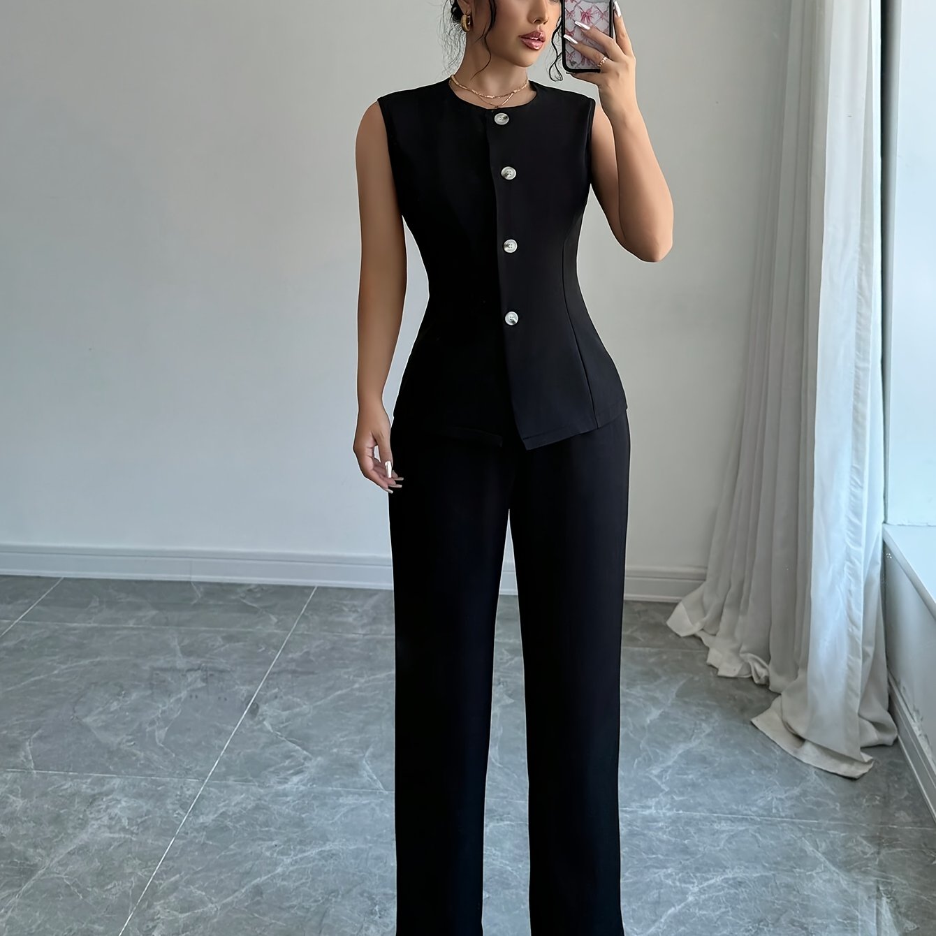 Elegant Crew Neck Pantsuit, Solid Color Sleeveless Suit, Polyester Blend Woven Fabric, Chic Office Wear for Women, for Spring/Fall