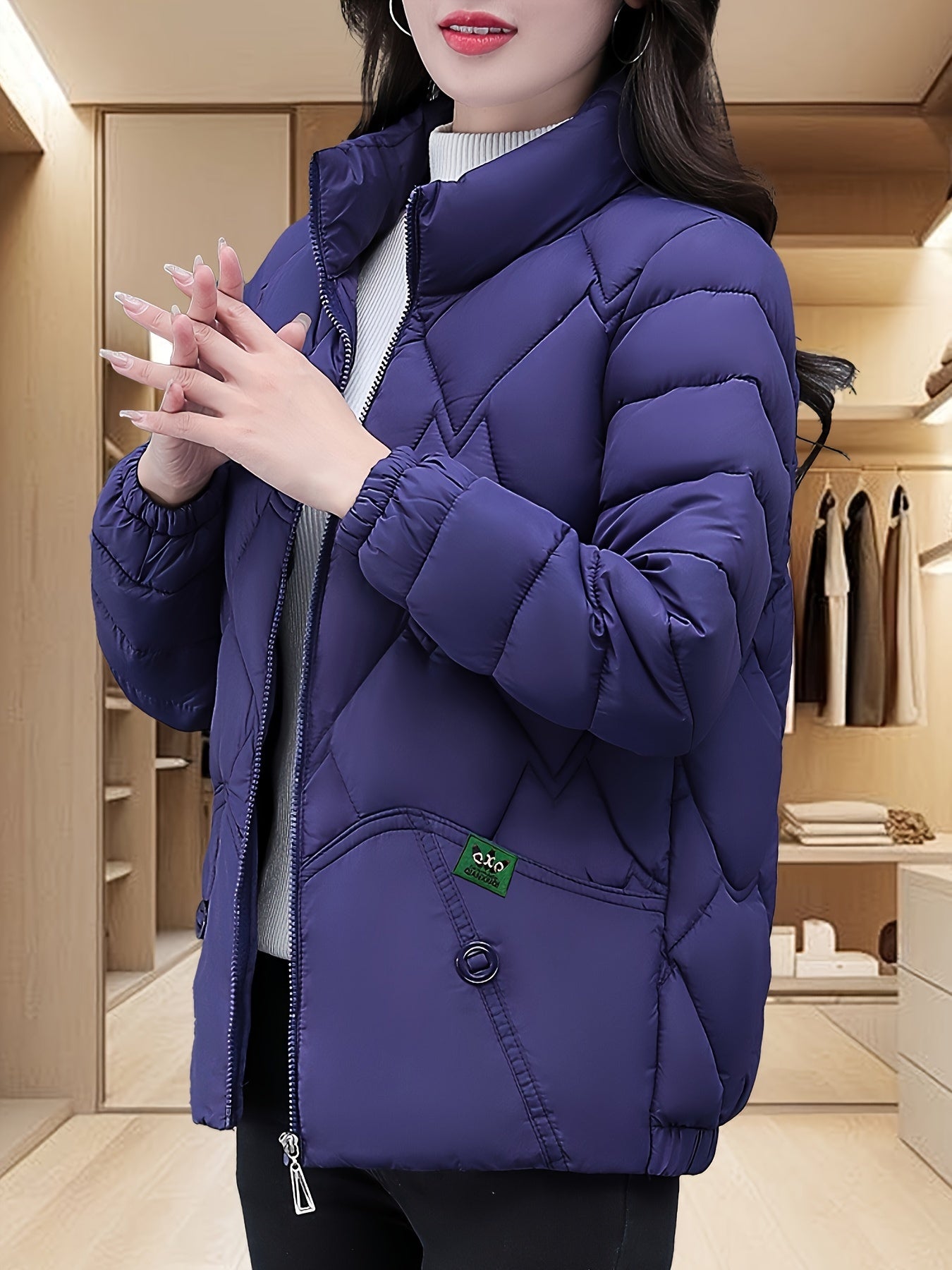 Women'S Embroidered Quilted Jacket, Casual Long Sleeve Polyester Coat, Non-Stretch H-Contoured Regular Fit, Pleated Hem, Thick Warm Winter Outerwear for Middle-Aged Moms