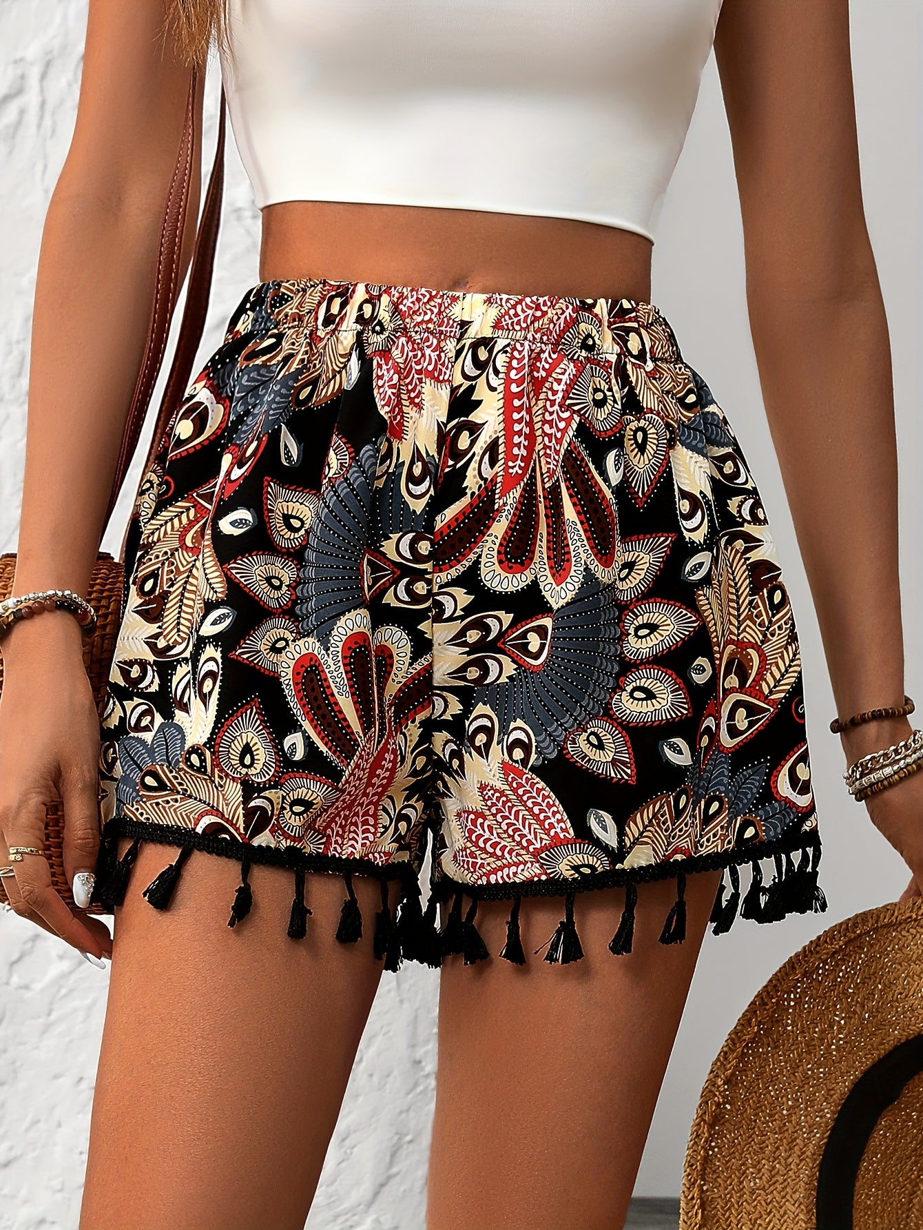 Print Women's Casual Shorts with Lace Trim - High Waist, Non-Stretch Polyester, Machine Washable