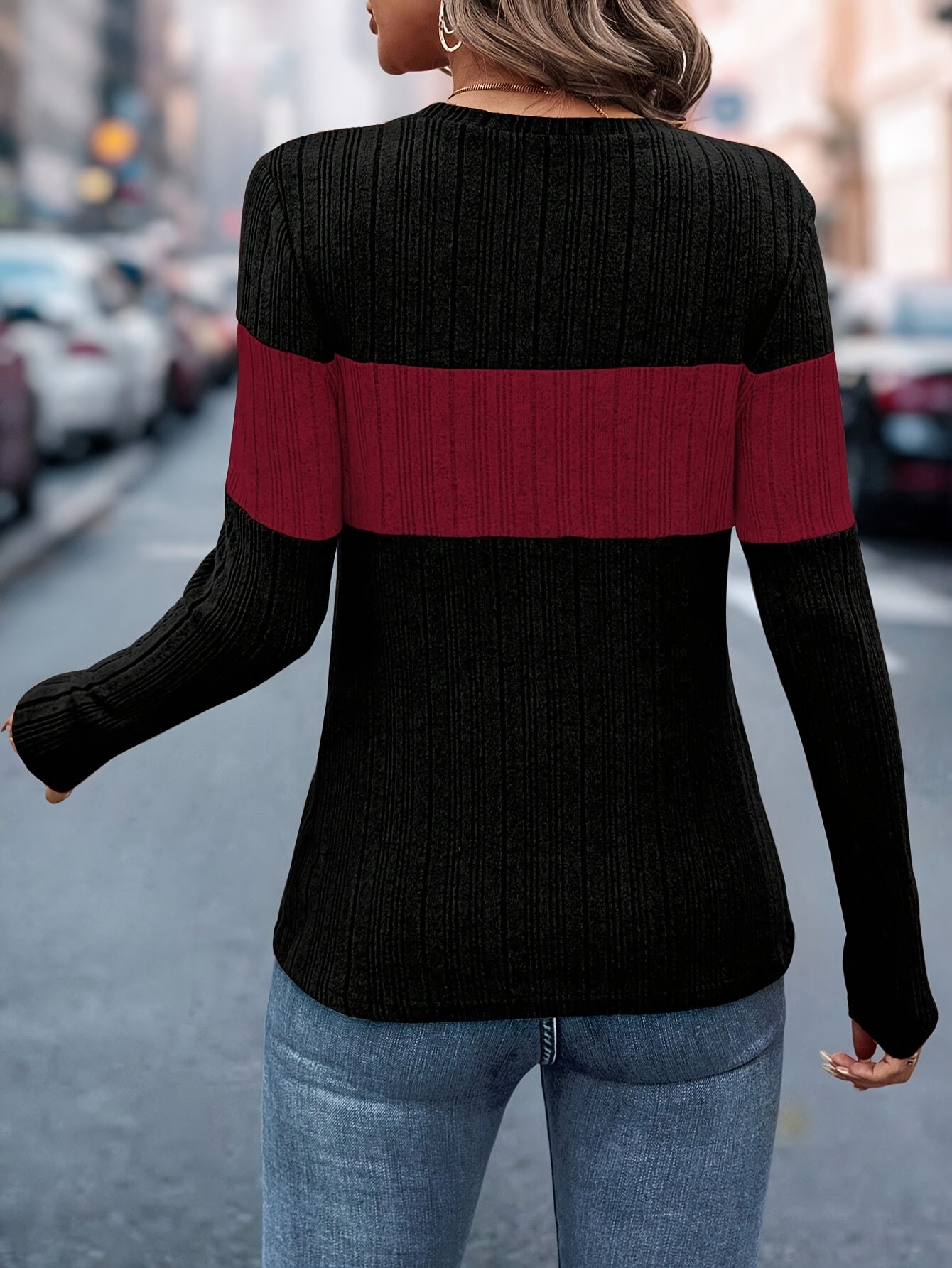 1pc Elegant Women'S Crew Neck Color Block Sweater, Polyester Knit Fabric, Solid Pattern, Regular Length, Fall/Winter Season