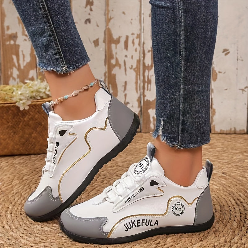 JUKEFULA White Women's Outdoor Colorblock Sneakers - Elegant white and grey casual sneakers with soft sole and lace-up design, suitable for all seasons, gym and travel