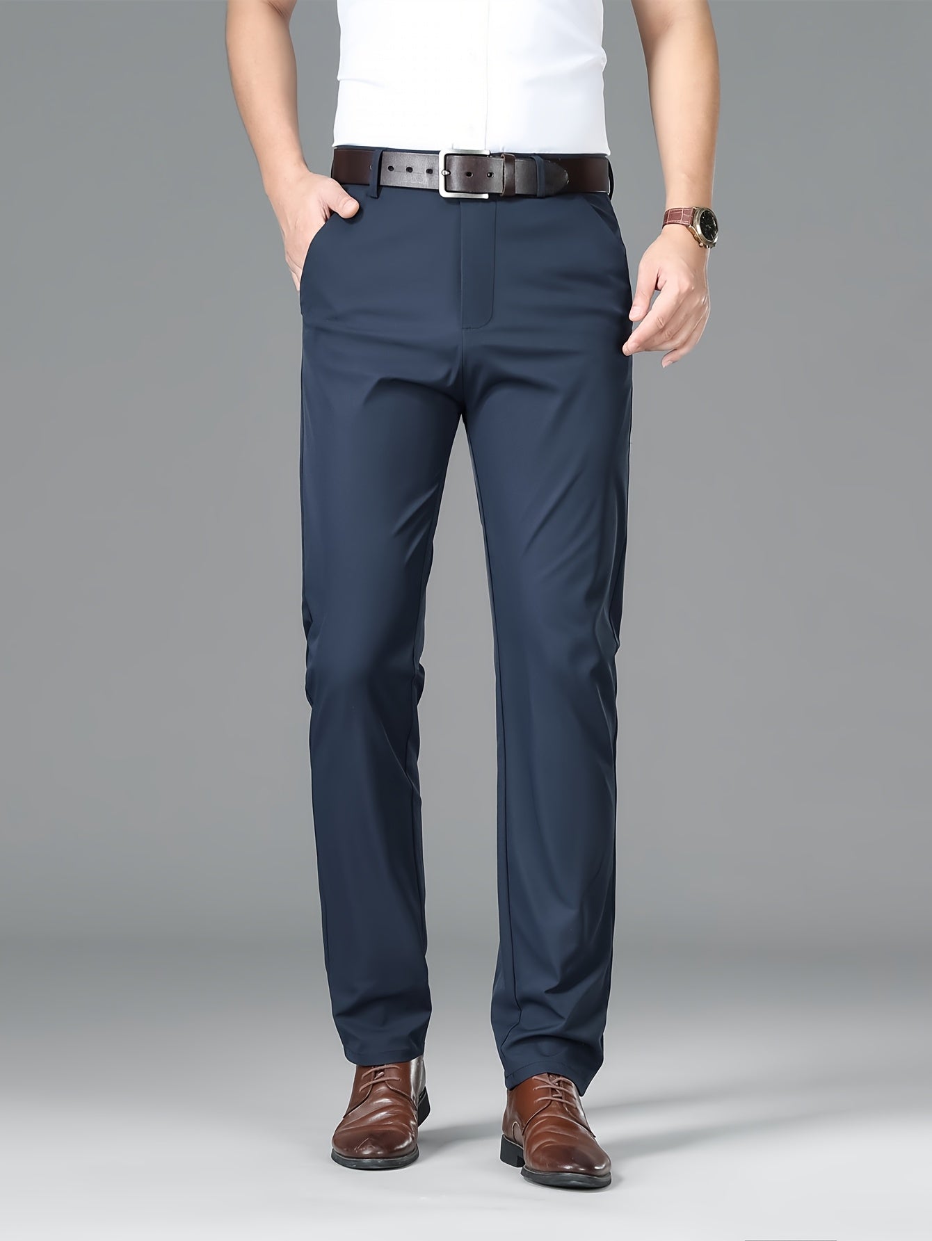 Men's Lightweight Summer Casual Pants, Slim Straight Fit, Polyester, Mid-Rise, Built-in Zipper, Regular Length - Ideal for Casual Attire