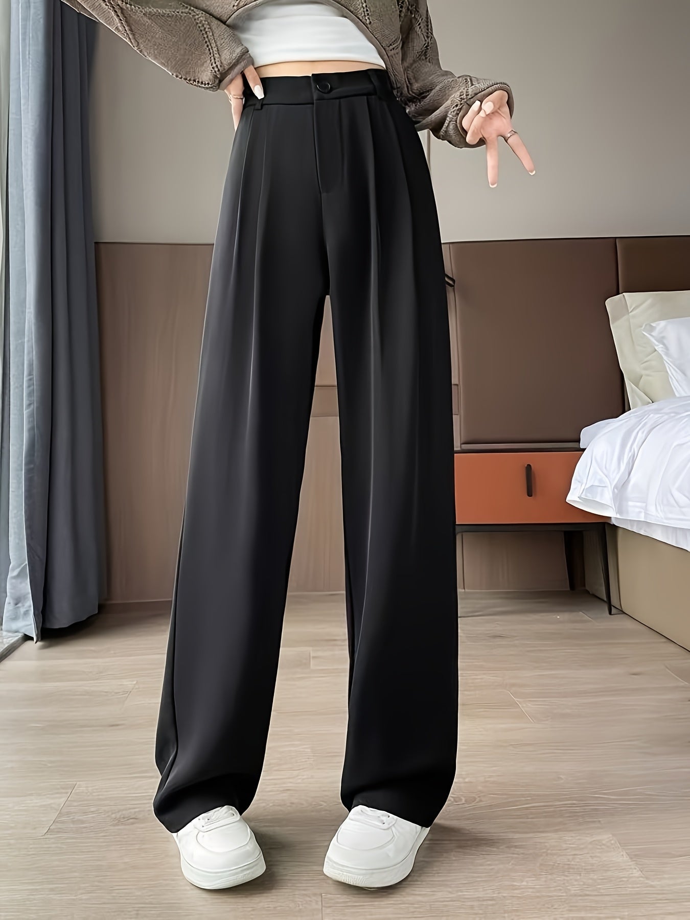 Women'S Elegant Solid Color Straight Leg Pants, Breathable, Comfortable, Fashion Commuter, Polyester, Elastic Waist, Loose Contour, 250g/㎡, for Adult, Spring/Summer/Fall