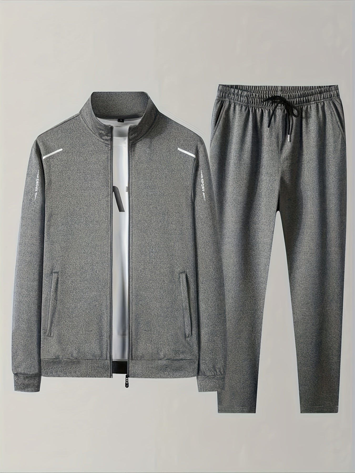 1set Men'S Casual Sports Set, Summer Knit Polyester Athletic Outfit with Solid Color, Crew Neck, Regular Fit, Micro-Elastic Fabric, Lightweight 220g/m², for Jacket and Pants Combo