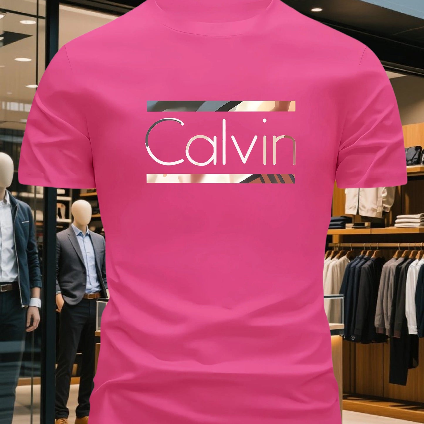 Men'S Bright Pink CALVI Graphic T-Shirt - Soft Breathable 100% Cotton Crewneck Tee, Everyday Casual Shirt for Office, Outings Gym - Minimalist Modern Top, Comfortable Clothing, Stylish Letter Print, Durable Fabric, Short Sl