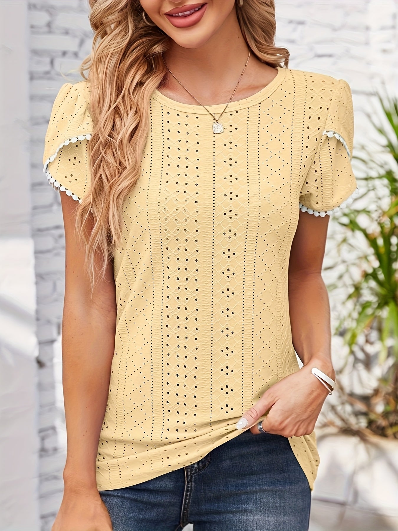 Women'S Elegant Blouse - Soft Pink Round Neck T-Shirt with Floral-like eyelet details, Breathable Loose Fit Top for Casual & Formal Outfits - Everyday Summer Shirt for Women, Ladies T Shirts, Versatile Clothing, Feminine Styl