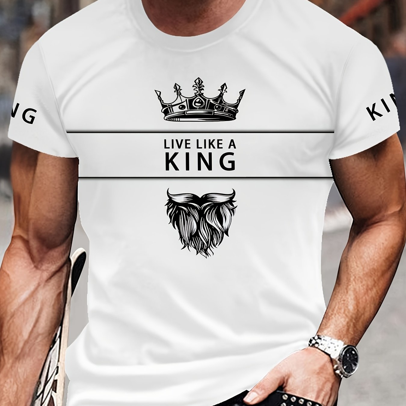 Men's 3D Digital Print T-Shirt with Crown "LIVE LIKE A KING" Slogan - Casual Round Neck Regular Fit Machine Washable Graphic Tee for Casual Attire, Streetwear Fashion, Bold Statement Shirt, Durable Fabric Shirt