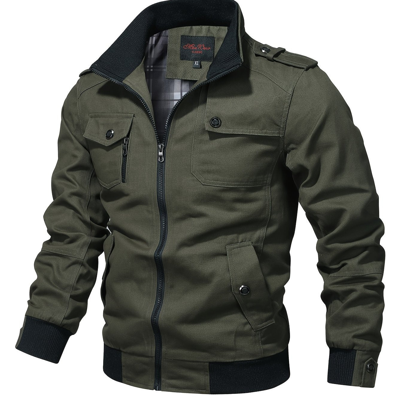 Men's Casual Bomber Jacket, Cotton Stand Collar Windbreaker Jacket With Pockets For Fall Winter