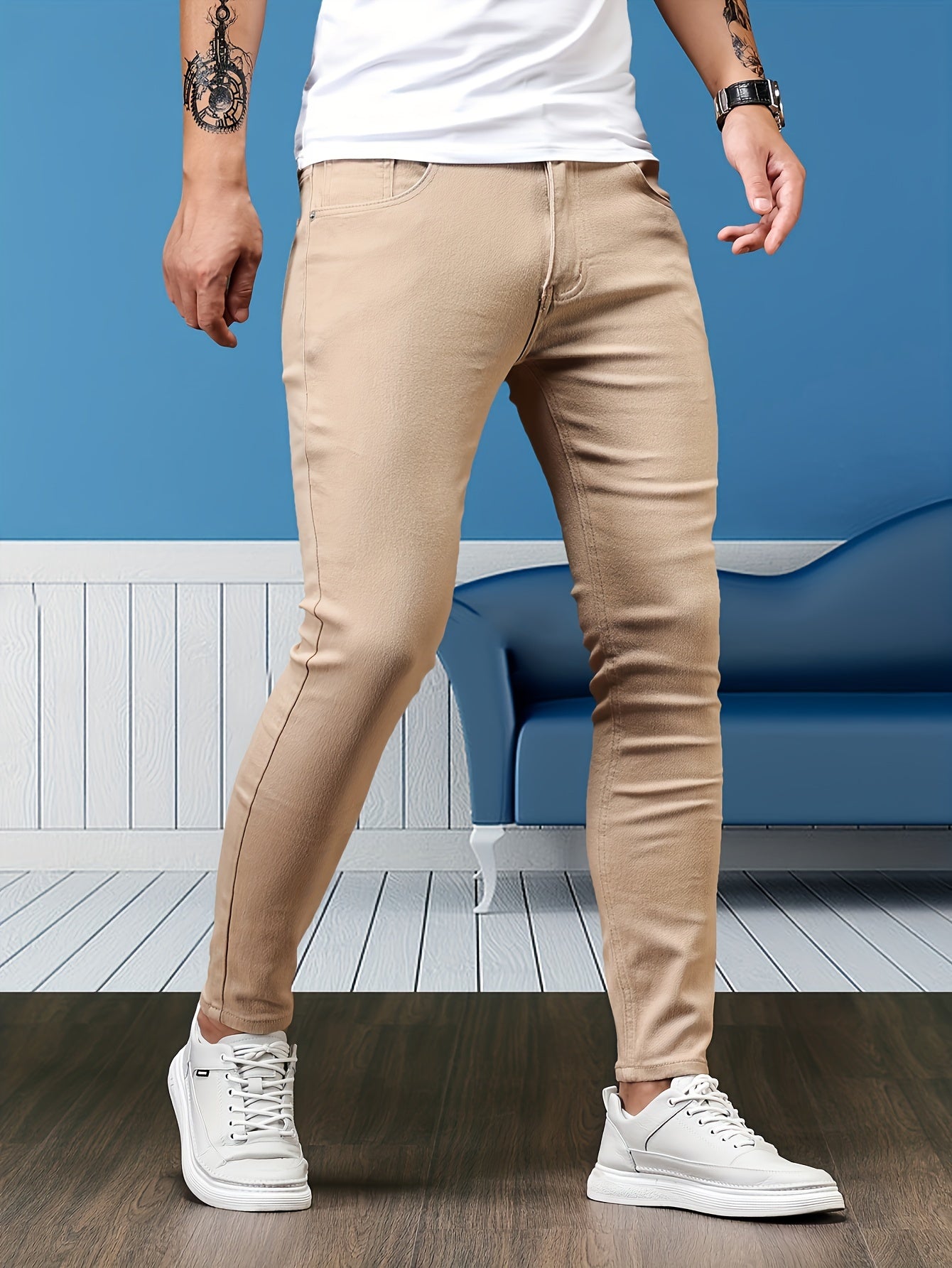 Slim Fit Chic Jeans, Men's Casual Street Style All Match Stretch Denim Pants With Pockets