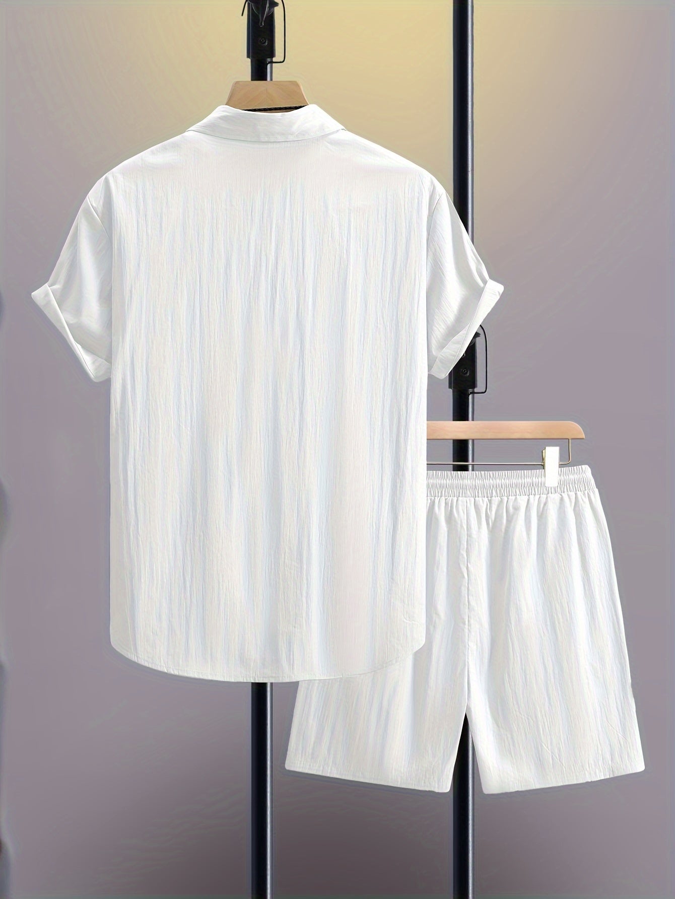 Men's Summer 2pcs Set: Casual Fashion Beige Short Sleeve Collared Shirt & Drawstring Shorts - Lightweight Blend, Ideal for Beach Vacations