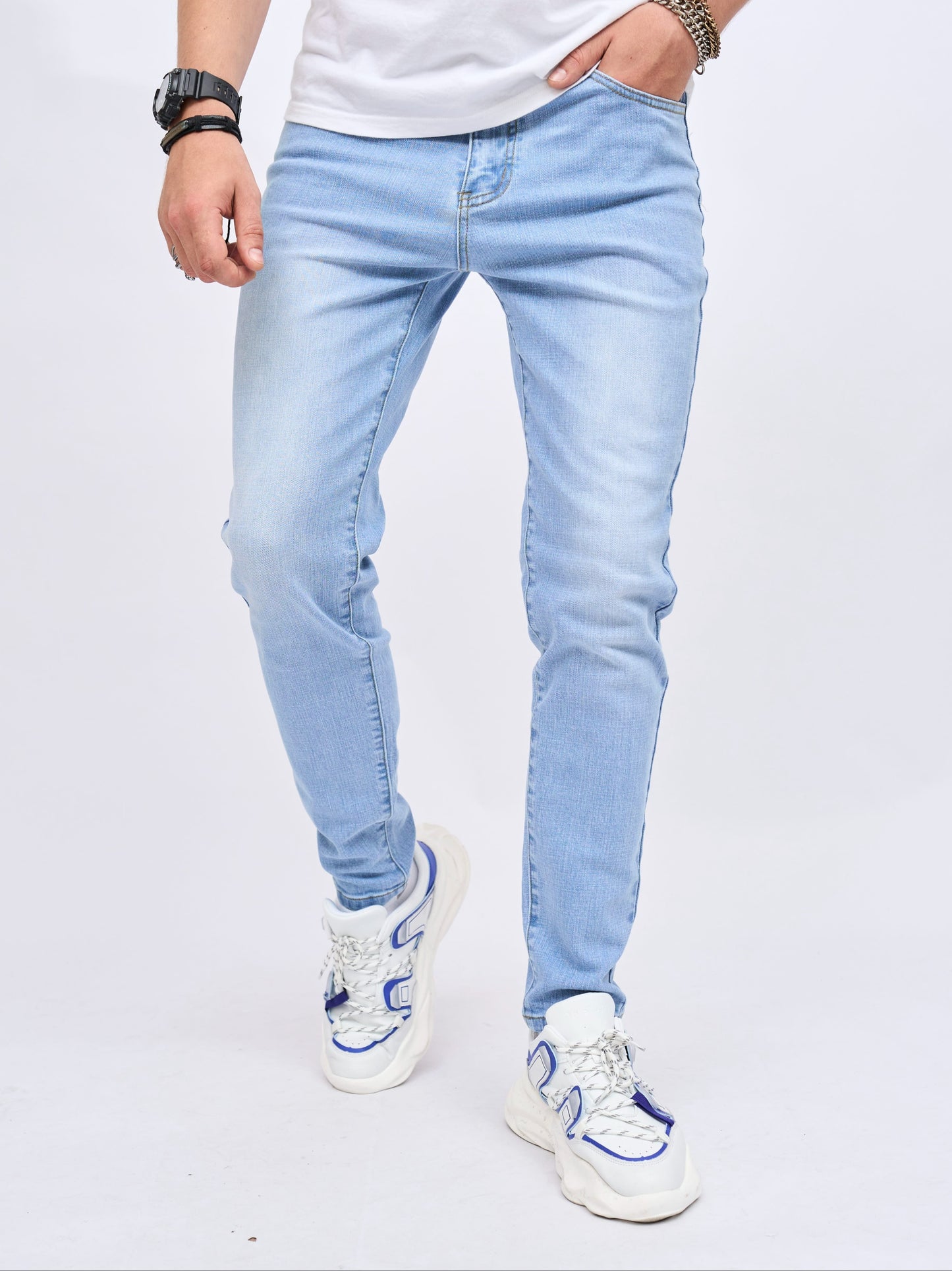 Men's Trendy Cotton Blend Slim Fit Jeans, Chic Street Style Male Bottoms For Causal Daily Wear