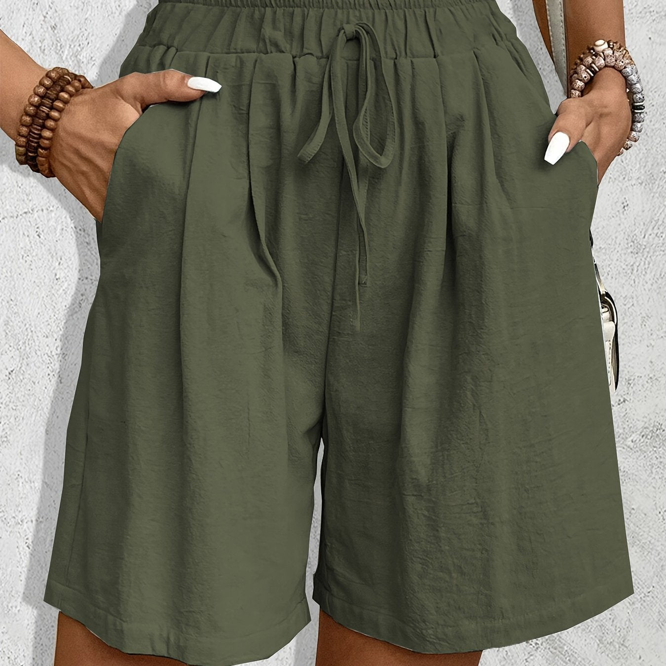 Women'S Casual Blend Shorts, Solid Color, Regular Fit, Non-Stretch Woven Fabric, with Faux Drawstring Detail, for Spring/Summer/Fall - Daily & Vacation Style
