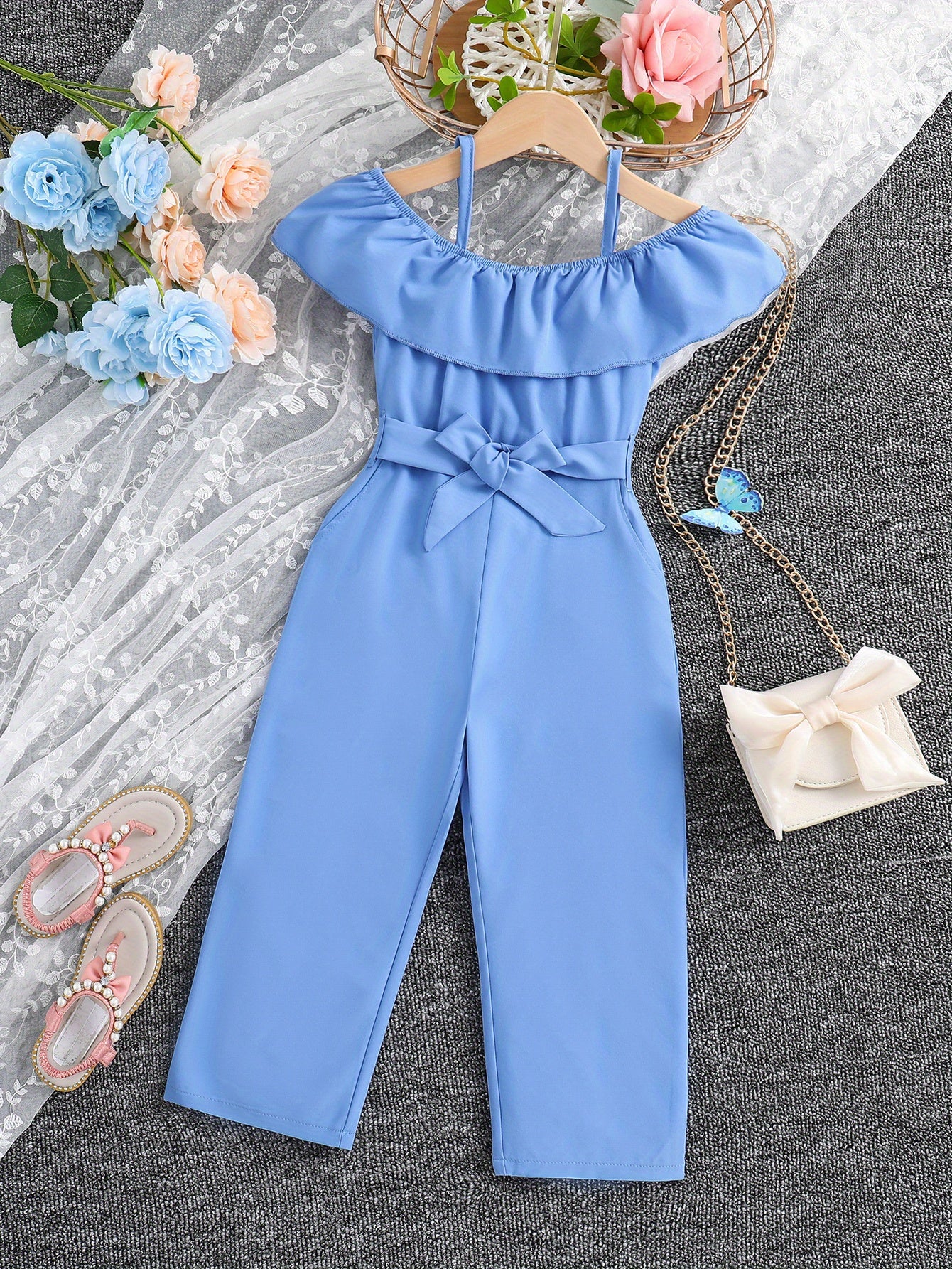 Girls Ruffle Cami Romper Belt Off Shoulder Նրբագեղ ամառային գարուն աշուն մանկական հագուստ