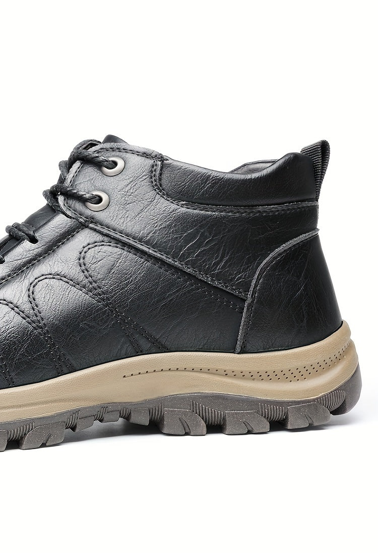 Men'S Stylish Black Leather High-Top Boots - Casual, Fashionable, Business-Ready with Lace-Up Closure, Rubber Sole, and Round Toe Design for Winter Sports and Daily Wear, Winter Boots|Stylish High Boots|Laceup Boots