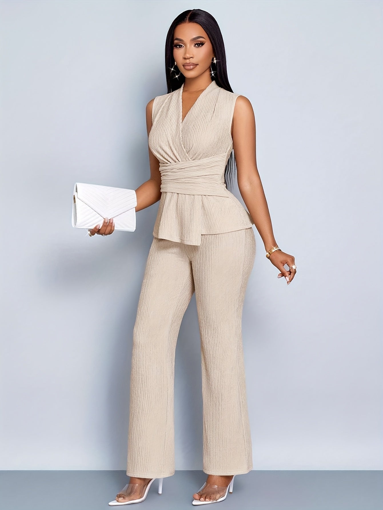 Women's Elegant Solid Color Textured Cross V-Neck Pleated Waist Top and Slim Fit Elastic Waist Straight Pants 2pcs Set