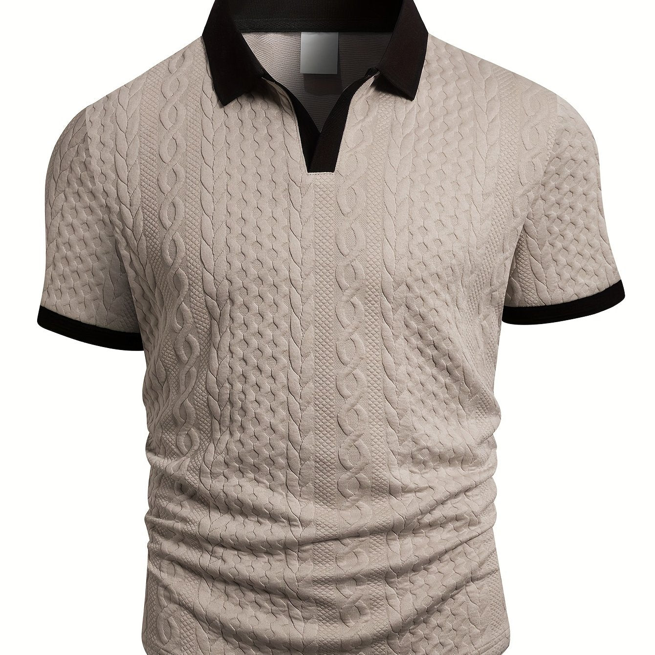 Summer Breathable Italian-style Color-blocked Light-mature Trendy Men's Shirt with V-neck, Slight Stretch, Jacquard Texture, Slim-fit Short Sleeves, Knitted - ayq