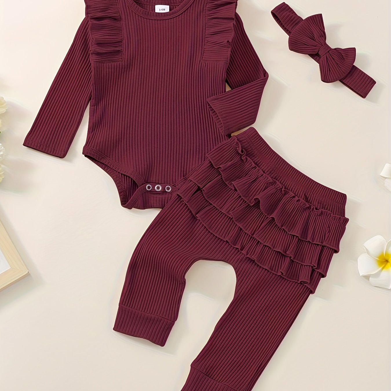 3pcs Baby Girl Outfit Set, Cute Ribbed Ruffle Long Sleeve Romper & Pants, 95% Cotton 5% Spandex, Crew Neck Pullovers, Solid Color, Regular Fit, No Belt, Fall/Winter Knit Fabric, 0-18 Months, for Outdoor
