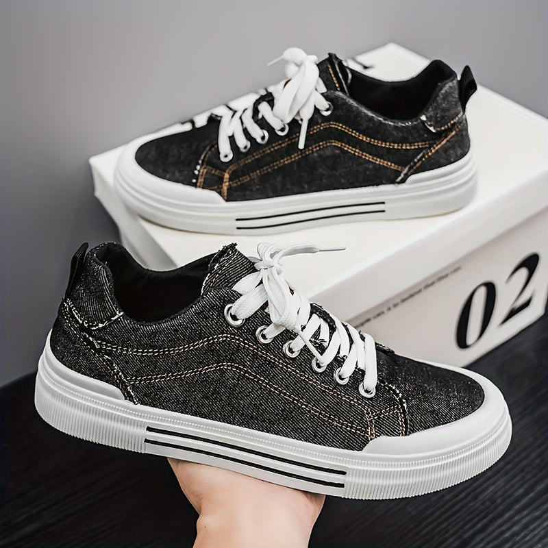 Men's Casual Canvas Sneakers - Trendy Blue Denim Low-Top Lace-Up Shoes with White Rubber Sole, Durable & Comfortable for Casual Attire, Street Style, and Outdoor Activities, Casual Sneakers | Trendy Footwear | Durable Sneaker
