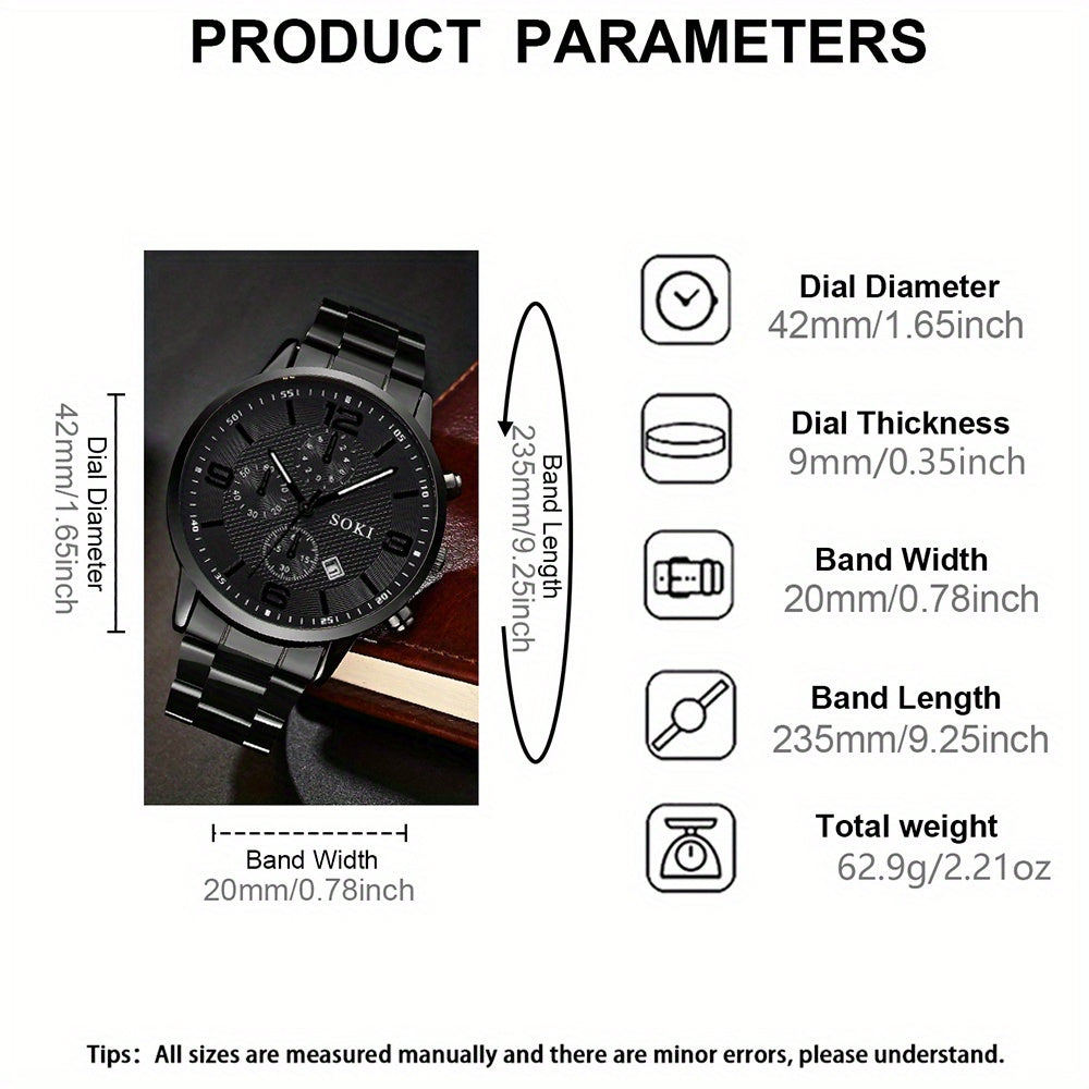 1pc Men'S Fashionable Business Quartz Watch with Black Dial, Stainless Steel Band & Alloy Case - Ideal Gift for Father, Husband, or Friend - Everyday Wearable Timepiece, Formal Accessory | Sleek Black Watch | Alloy Case Watch
