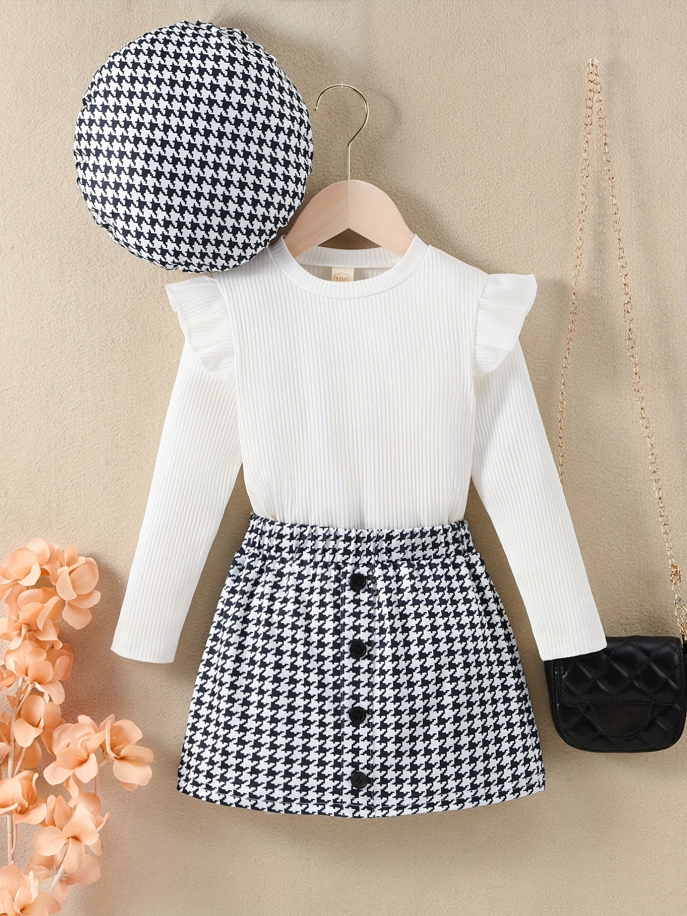 Youngsters Girls Ruffle Tee & Houndstooth պրինտ կիսաշրջազգեստ և գլխարկ