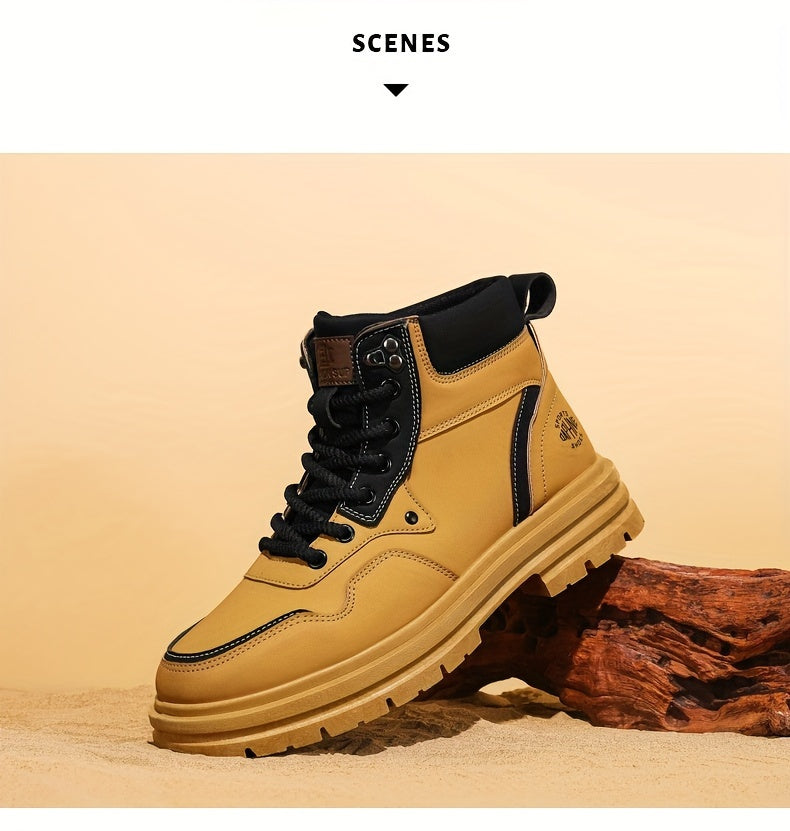Large Size High Top Casual Shoes Short Boots Men's Big Yellow Boots High Top Trendy Versatile British Style Short Boots Mid Top Work Boots Men's Hiking Boots