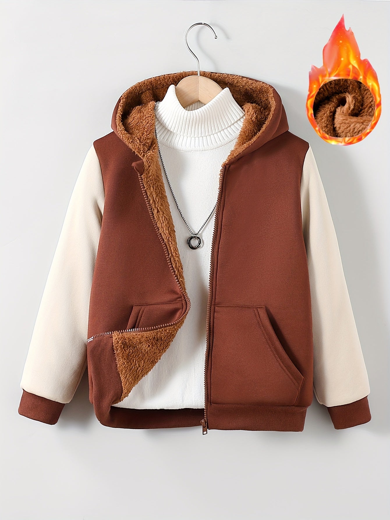 1pc Boys Stylish Color Block Fleece Lining Hooded Jacket, Long Sleeve Zip Up Jacket, Kids Clothes Outdoor