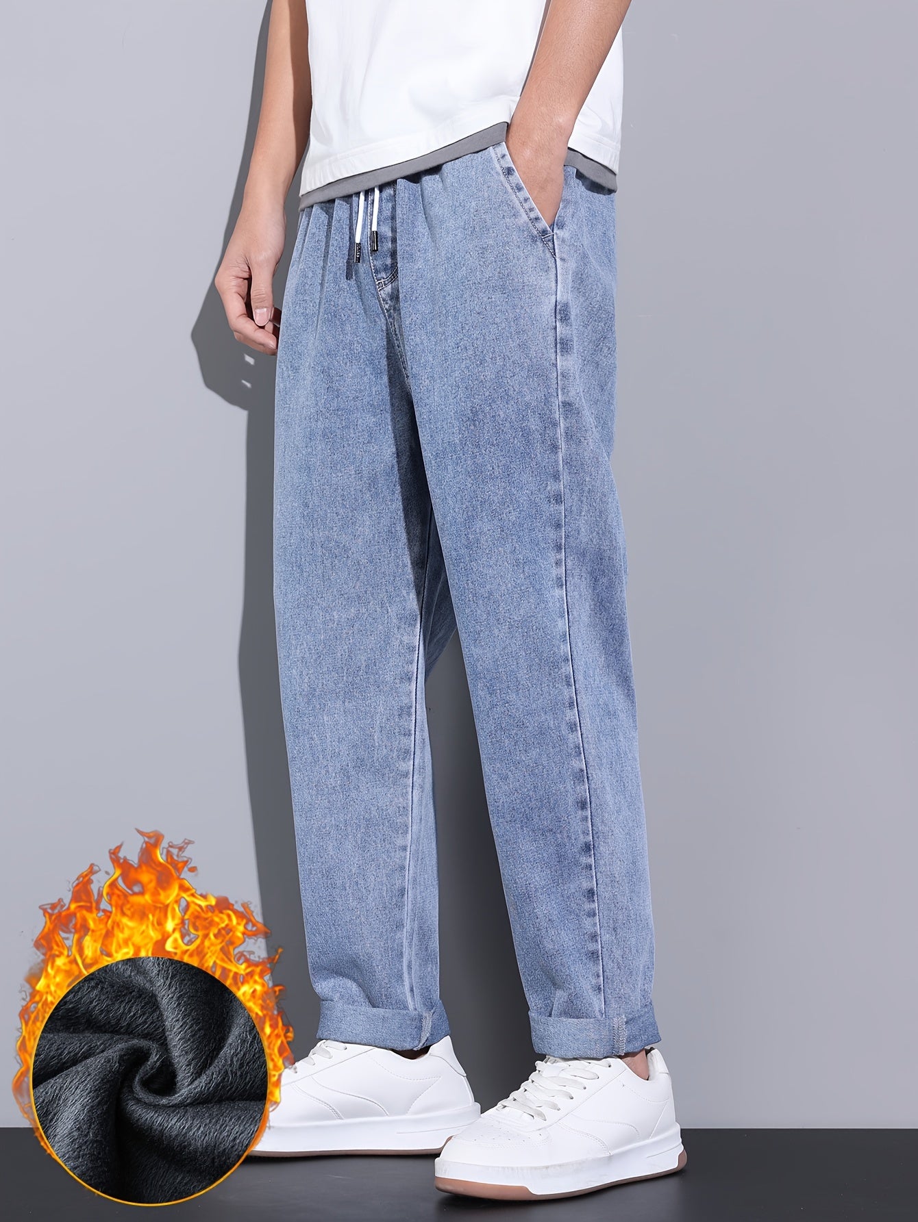 Men's Winter Fleece-Lined Jeans - Casual Straight Leg with Elastic Drawstring Waist, Warm & Stylish Streetwear Denim Pants