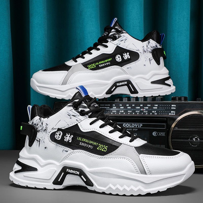 Men's Sneakers - Thick Platform Cushioned Sole, Lace-Up Closure, PU Upper Non-Slip PVC Outsole - All-Season Gym, Casual, Everyday Sneakers - Black/White Colorway - Affordable Men's Footwear, Casual Walking, Trendy Kicks, Co