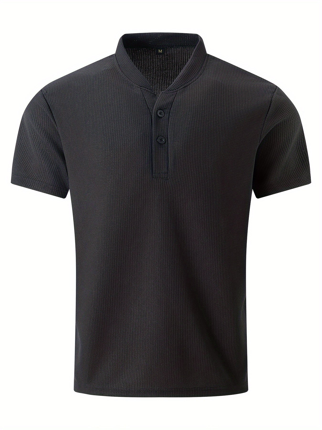 Men's Solid Waffle Stand Collar Short Sleeve Golf Shirts, Casual Style Slight Stretch Regular Fit Summer Tops, Summer Golf Shirts
