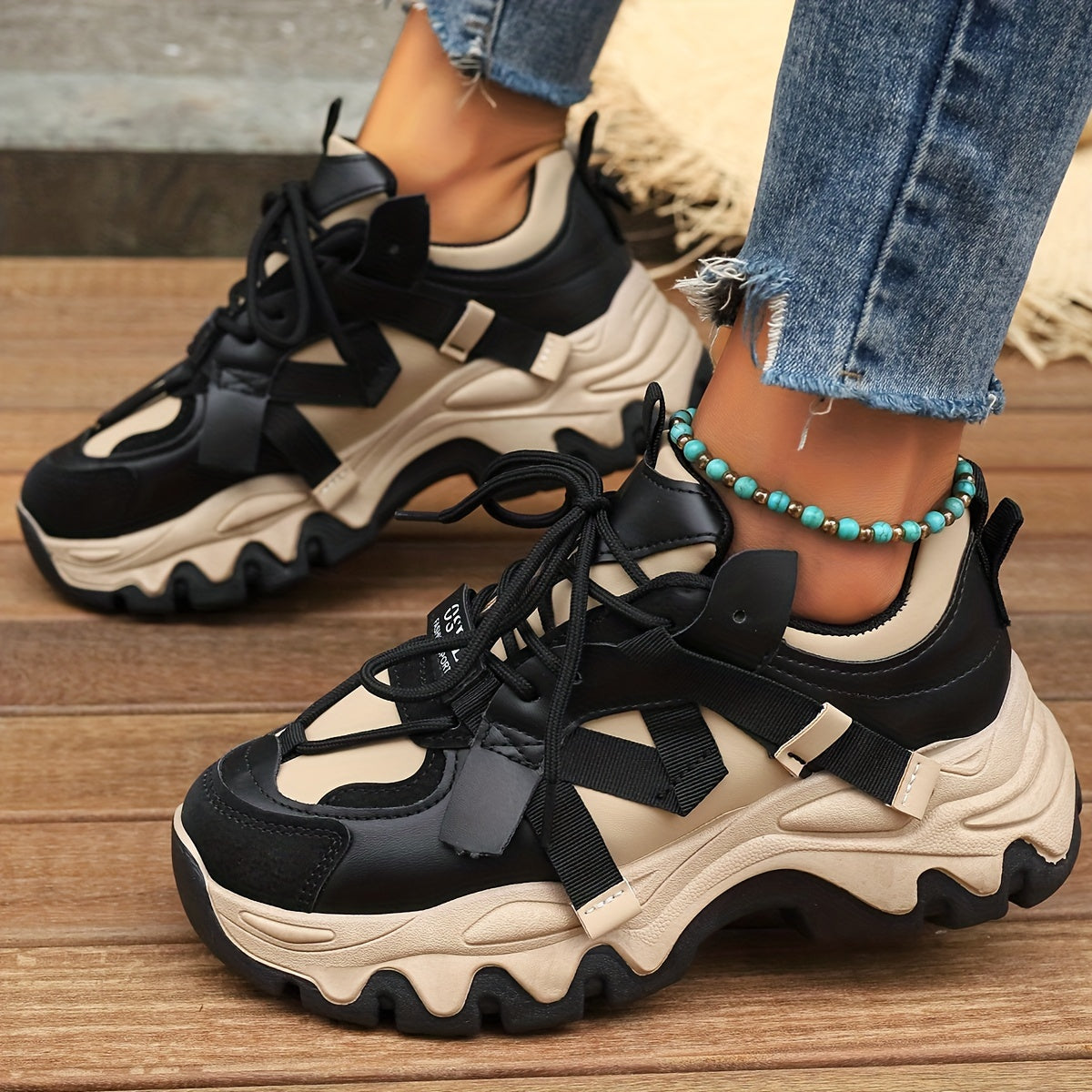 Women's Platform Sports Shoes, Two Tone Lace Up Height Increasing Chunky Sneakers, All-Match Walking Trainers