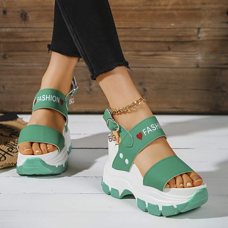 Women's Platform Wedge Sandals with Thick Sole Ankle Strap Metal Buckle - Open Toe Summer Casual Shoes, White Black Faux Cover, Cushioned Insole for All-Day Comfort