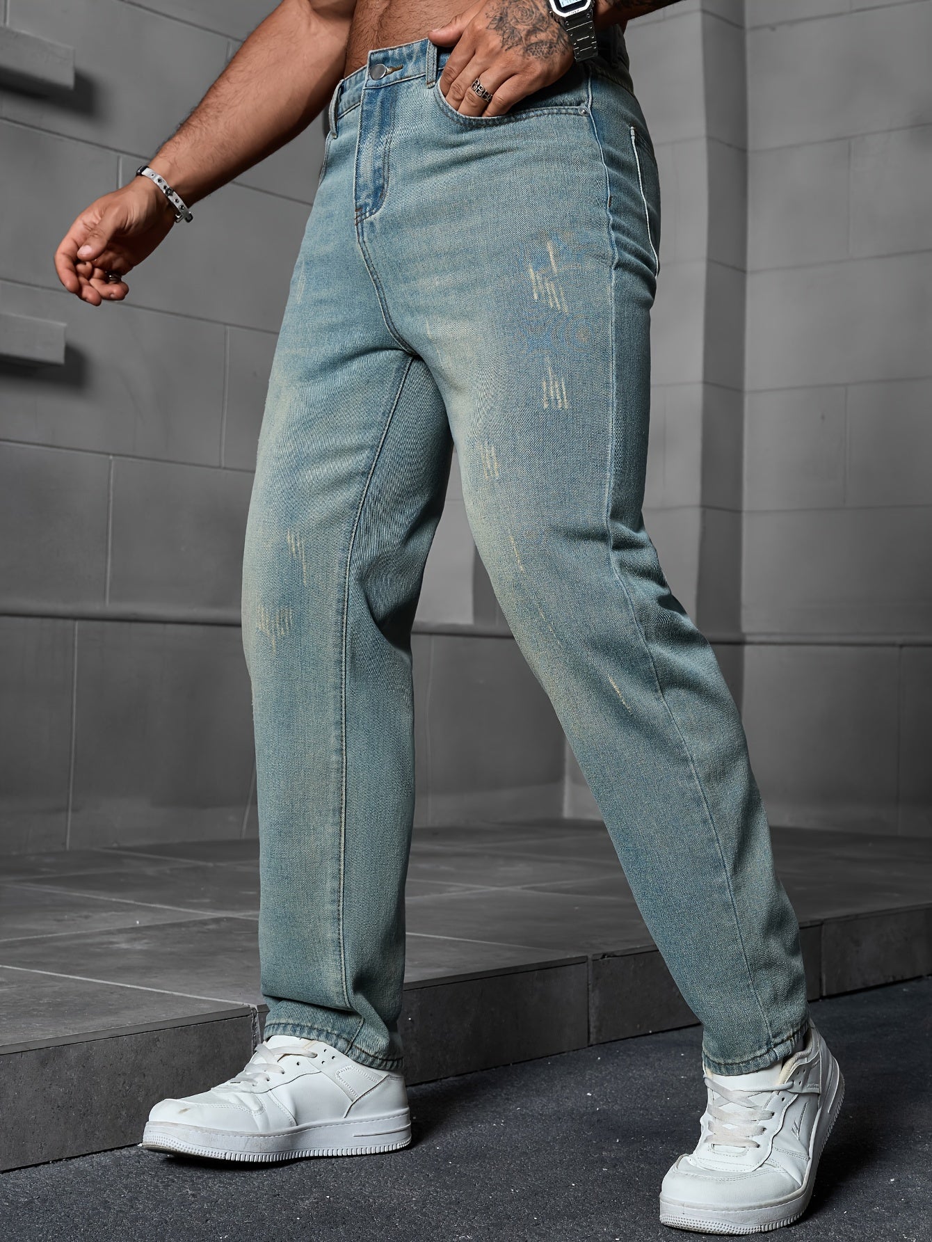 Men's Regular Fit Distressed Denim Jeans - Light Grey, Blend, Machine Washable, Year-Round Comfort & Style